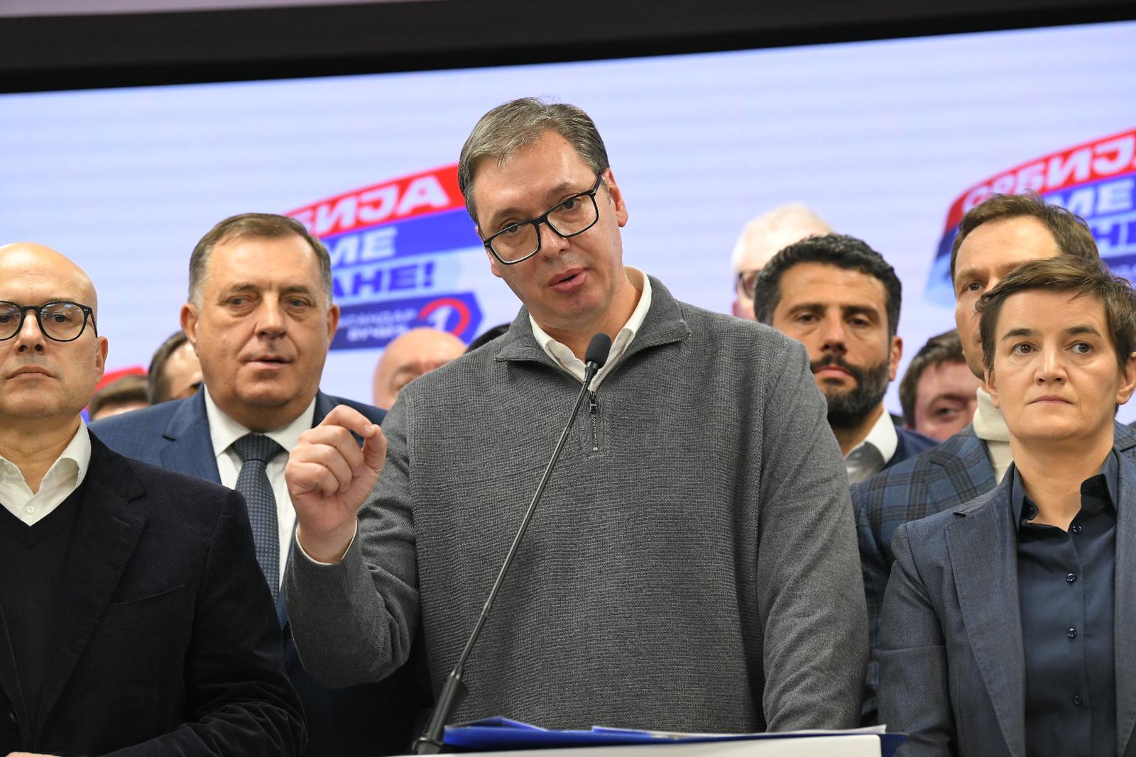17, December, 2023, Belgrade - Press conference of the President of the Republic of Serbia, Aleksandar Vucic, was held at the headquarters of the Serbian Progressive Party. Aleksandar Vucic. Photo: A.H./ATAImages

17, decembar, 2023, Beograd - U sedistu Srpske napredne stranke odrzana je konferencija za medije predsednika Republike Srbije Aleksandra Vucica. Photo: A.H./ATAImages
