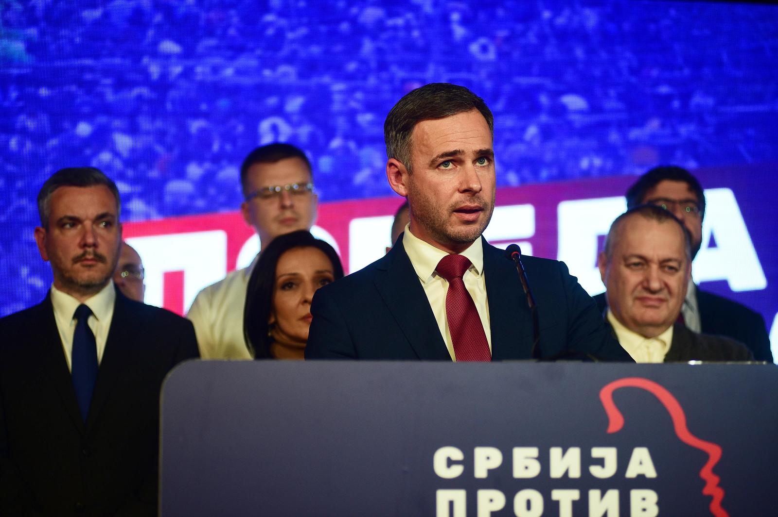 17, December, 2023, Belgrade - The address of the leader of the coalition list "Serbia against violence" in the election staff. Miroslav Aleksic. Photo: Dusan Milenkovic/ATAImages.

17, decembar, 2023, Beograd - Obracanje lidera koalicione liste "Srbija protiv nasilja" u izbornom stabu. . Photo: Dusan Milenkovic/ATAImages. Photo: Dusan Milenkovic/ATAImages/PIXSELL