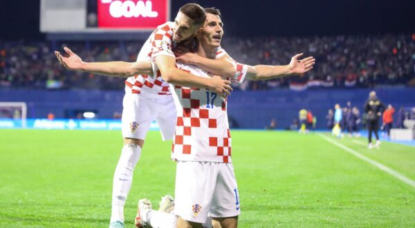 21.11.2023.,  stadion Maksimir, Zagreb - Kvalifikacije za UEFA Euro 2024, skupina D, Hrvatska - Armenija. Nogometasi Hrvatske slave pogodak Ante Budimira za vodstvo 1:0. Luka Ivanusec, Ante Budimir Photo: Luka stanzl/PIXSELL