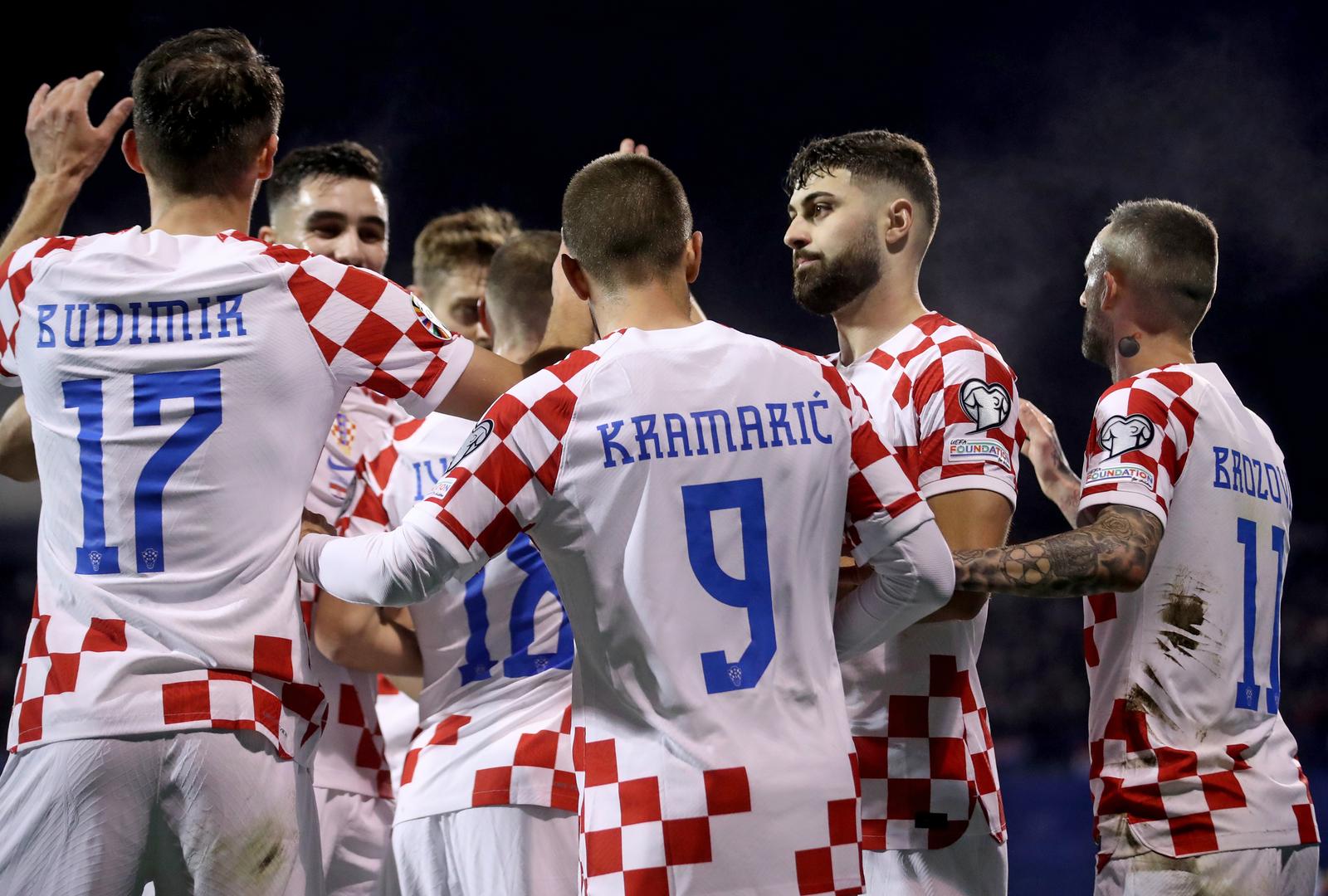 21.11.2023., stadion Maksimir, Zagreb - Kvalifikacije za UEFA Euro 2024, skupina D, Hrvatska - Armenija. Nogometasi Hrvatske slave pogodak Ante Budimira za vodstvo 1:0. Photo: Luka Stanzl/PIXSELL