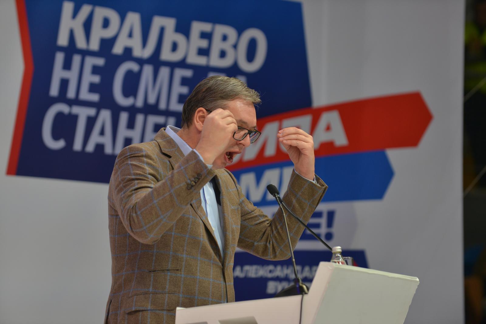 24, November, 2023, Kraljevo -The Serbian Progressive Party, which is going to the elections on December 17 with the list "Aleksandar Vucic - Serbia must not stand still", held a pre-election rally in Kraljevo, in the New Hall of Sports. Aleksandar Vucic. Photo: Vladimir Vasic/ATAImages

24, novembar, 2023, Kraljevo - Srpska napredna stranka koja sa listom "Aleksandar Vucic - Srbija ne sme da stane" izlazi na izbore 17. decembra, odrzala je predizborni skup u Kraljevu, u Novoj hali sportova. Photo: Vladimir Vasic/ATAImages Photo: Vladimir Vasic/ATAImages/PIXSELL