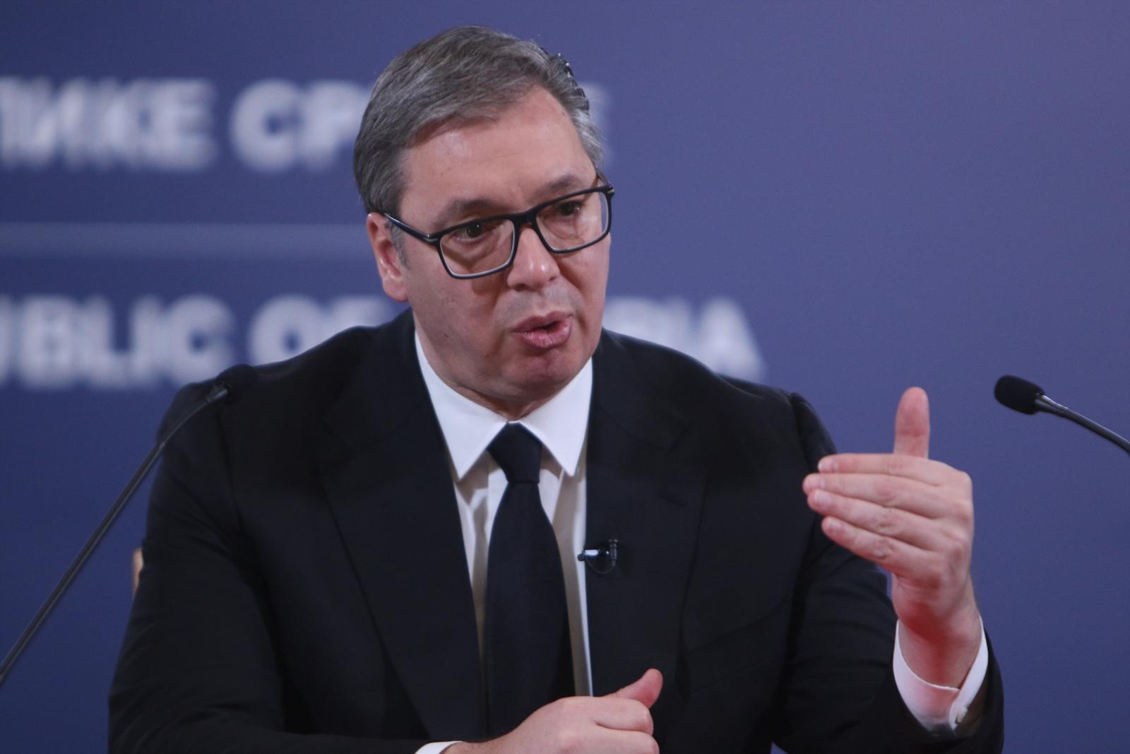 24, December, 2023, Belgrade -  The President of the Republic of Serbia, Aleksandar Vucic, addressed the public in the building of the General Secretariat of the President of the Republic. Aleksandar Vucic.    

24, decembar, 2023, Beograd - Predsednik Republike Srbije Aleksandar Vucic obratio se javnosti u zgradi Generalnog sekretarijata predsednika Republike.     Photo: M.K./ATAImages/PIXSELL