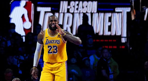 Dec 7, 2023; Las Vegas, Nevada, USA; Los Angeles Lakers forward LeBron James (23) calls out during the third quarter against the New Orleans Pelicans in the NBA In Season Tournament Semifinal at T-Mobile Arena. Mandatory Credit: Kyle Terada-USA TODAY Sports Photo: Kyle Terada/REUTERS