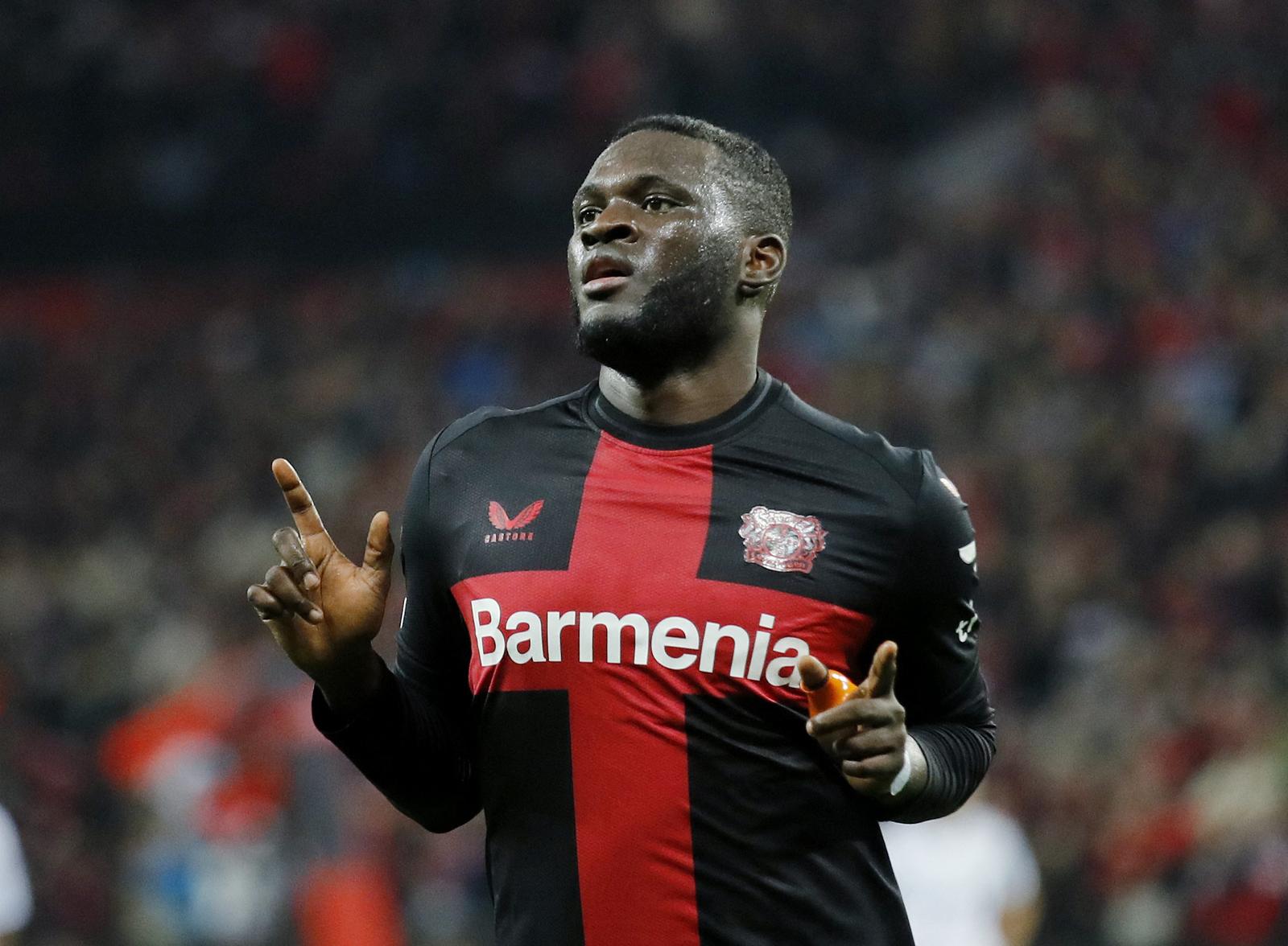 Soccer Football - Europa League - Group H - Bayer Leverkusen v Qarabag - BayArena, Leverkusen, Germany - October 26, 2023  Bayer Leverkusen's Victor Boniface celebrates scoring their third goal REUTERS/Thilo Schmuelgen Photo: Thilo Schmuelgen/REUTERS