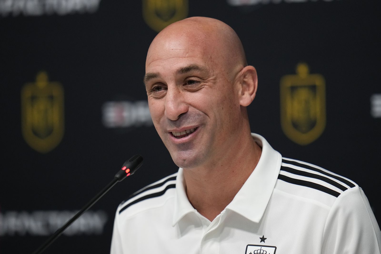 The President of the Spanish Football Federation Luis Rubiales speaks to reporters during a news conference at Qatar University, in Doha, Qatar, Monday, Nov. 21, 2022. Spain will play its first match in Group E in the World Cup against Costa Rica on Nov. 23. (AP Photo/Julio Cortez)