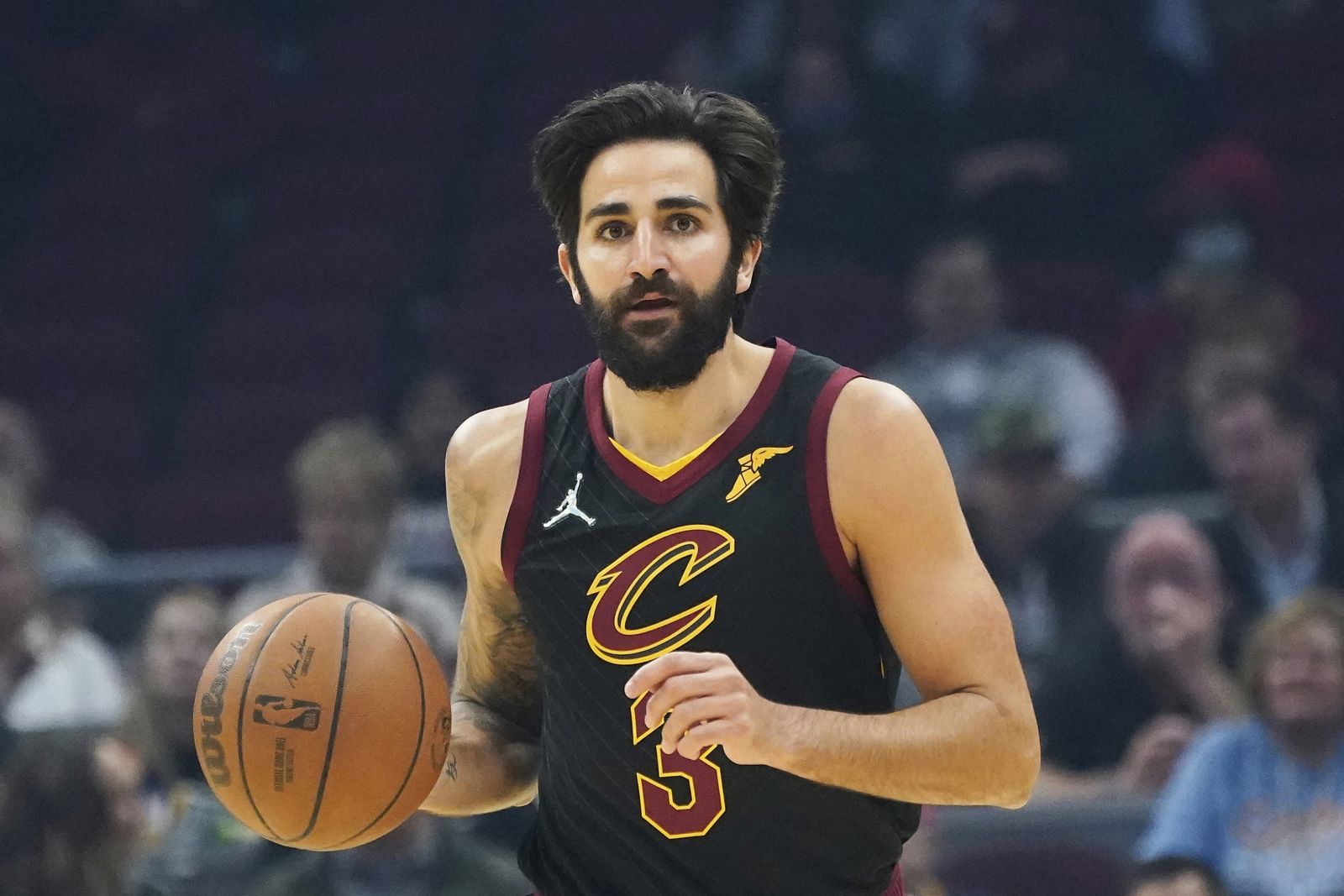 FILE - Cleveland Cavaliers' Ricky Rubio drives against the Atlanta Hawks in the first half of an NBA basketball game, Saturday, Oct. 23, 2021, in Cleveland. Veteran guard Ricky Rubio, who stepped away from his playing career — and the Cleveland Cavaliers — this season to concentrate on his mental health, said Thursday, Jan. 4, 2024, his NBA career is over. (AP Photo/Tony Dejak, File)