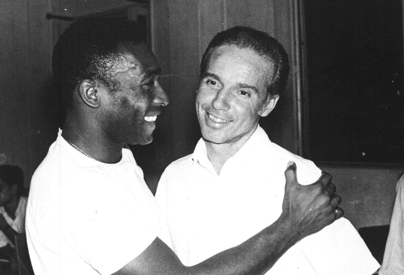FILE - Brazil's soccer star Pele, left, embraces Mario Zagallo after the latter's appointment as coach of the Brazilian national soccer team, in Rio De Janeiro, Brazil, in March 1970. Zagallo, who reached the World Cup final a record five times, winning four, as a player and then a coach with Brazil, has died. He was 92. Brazilian soccer confederation president Ednaldo Rodrigues said in a statement in the early hours of Saturday, Jan. 5, 2024, confirming Zagallo's death that Zagallo "is one of the biggest legends" of the sport. (AP Photo, File)