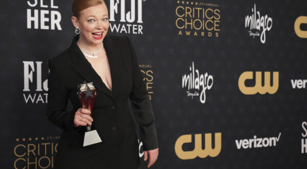 Sarah Snook poses in the press room with the award for best actress in a drama series for "Succession" during the 29th Critics Choice Awards on Sunday, Jan. 14, 2024, at the Barker Hangar in Santa Monica, Calif. (Photo by Jordan Strauss/Invision/AP)