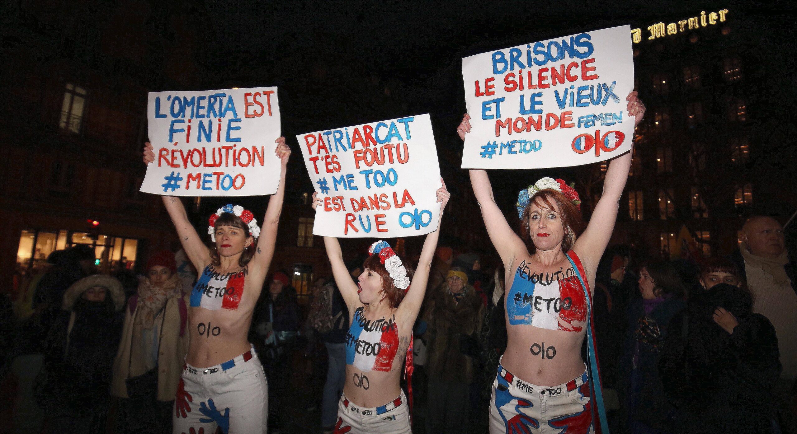 A l appel d associations feministes plusieurs dizaines de manifestantes se sont rassemblees Ã Paris pour denoncer limpunite en matiere de violences sexistes et sexuelles dans le sillage du soutien d Emmanuel Macron a Gerard Depardieu NEWS: Rassemblement contre les violences- Paris-11/01/2024 JonathanRebboah/Panoramic PUBLICATIONxNOTxINxFRAxBEL PESRK24022012