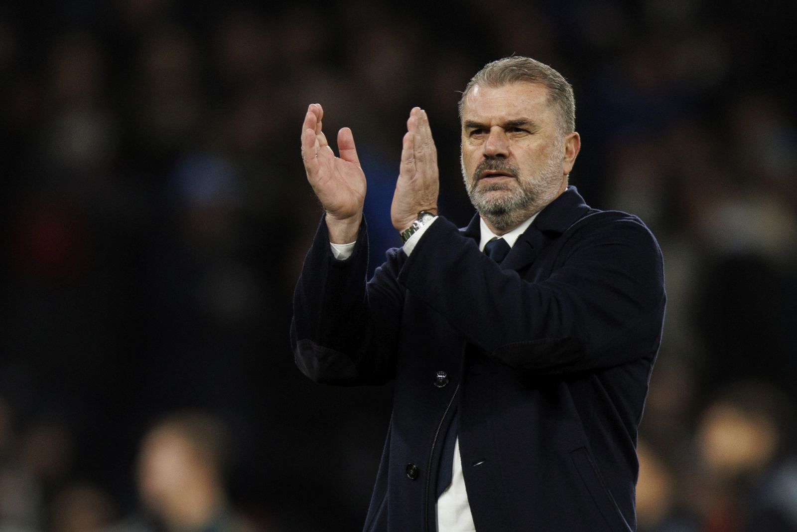 epa11022010 Manager Ange Postecoglou of Tottenham gestures to supporters after the English Premier League match between Tottenham Hotspur and Newcastle United in London, Britain, 10 December 2023.  EPA/TOLGA AKMEN EDITORIAL USE ONLY. No use with unauthorized audio, video, data, fixture lists, club/league logos, 'live' services or NFTs. Online in-match use limited to 120 images, no video emulation. No use in betting, games or single club/league/player publications.