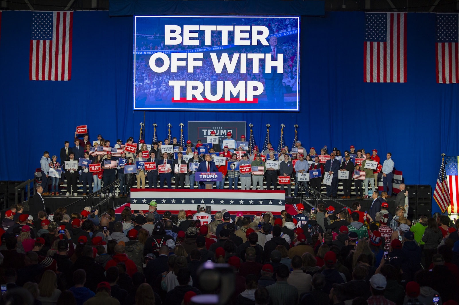 epa11033217 Republican candidate for President Former US President Donald Trump, addresses a crowd of supporters during a rally at the University of New Hampshire in Durham, New Hampshire, USA, 16 December 2023. The New Hampshire Republican primary will take place on 23 January 2024.  EPA/AMANDA SABGA