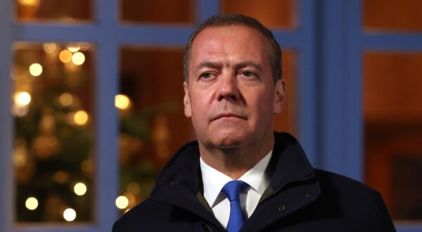 epa11051251 Deputy chairman of the Russian Security Council Dmitry Medvedev issues New Year greetings to the nation from his Gorki residence outside Moscow, Russia, 31 December 2023.  EPA/EKATERINA SHTUKINA / SPUTNIK / KREMLIN POOL