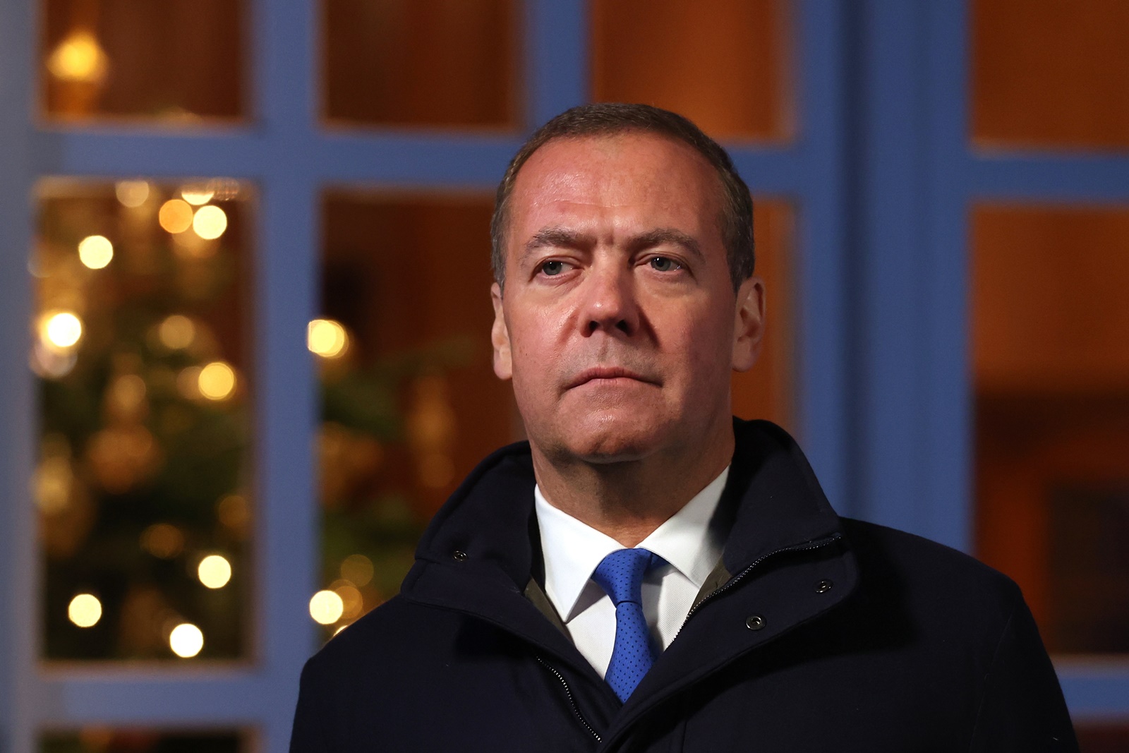 epa11051251 Deputy chairman of the Russian Security Council Dmitry Medvedev issues New Year greetings to the nation from his Gorki residence outside Moscow, Russia, 31 December 2023.  EPA/EKATERINA SHTUKINA / SPUTNIK / KREMLIN POOL