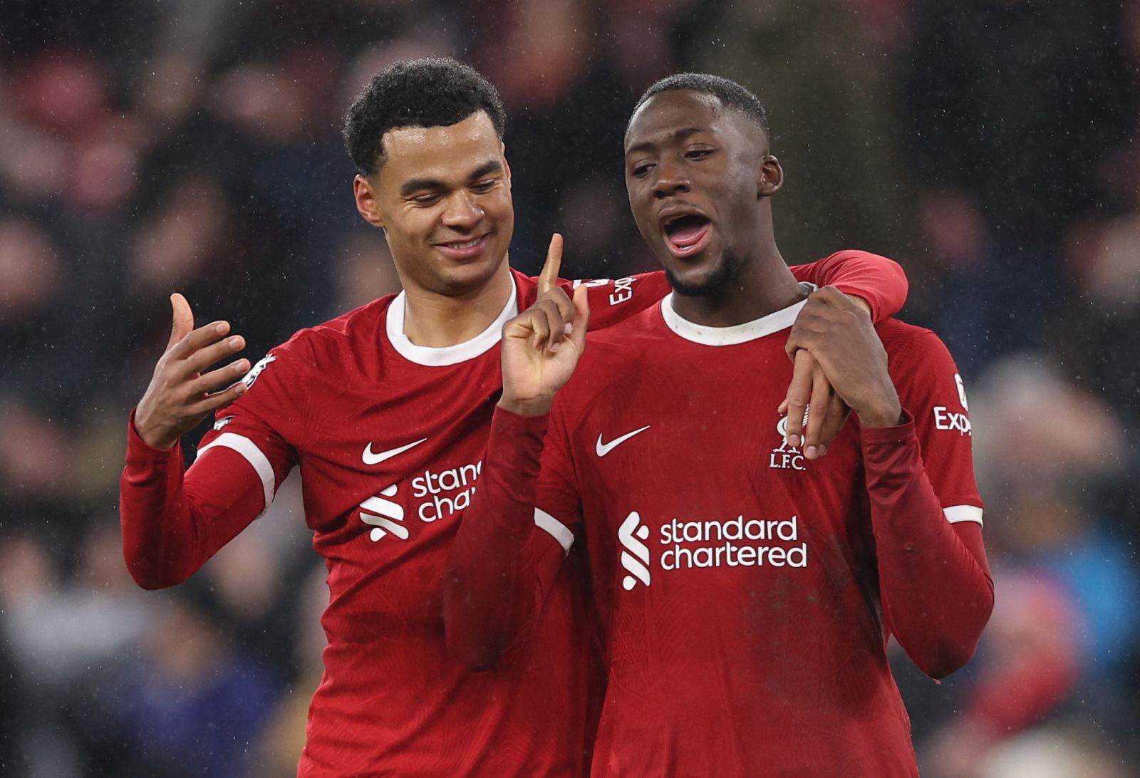 epa11052653 Cody Gakpo of Liverpool (L) and Ibrahima Konate of Liverpool (R) react after the English Premier League soccer match between Liverpool FC and Newcastle United in Liverpool, Britain, 01 January 2024.  EPA/ADAM VAUGHAN EDITORIAL USE ONLY. No use with unauthorized audio, video, data, fixture lists, club/league logos or 'live' services. Online in-match use limited to 120 images, no video emulation. No use in betting, games or single club/league/player publications.
