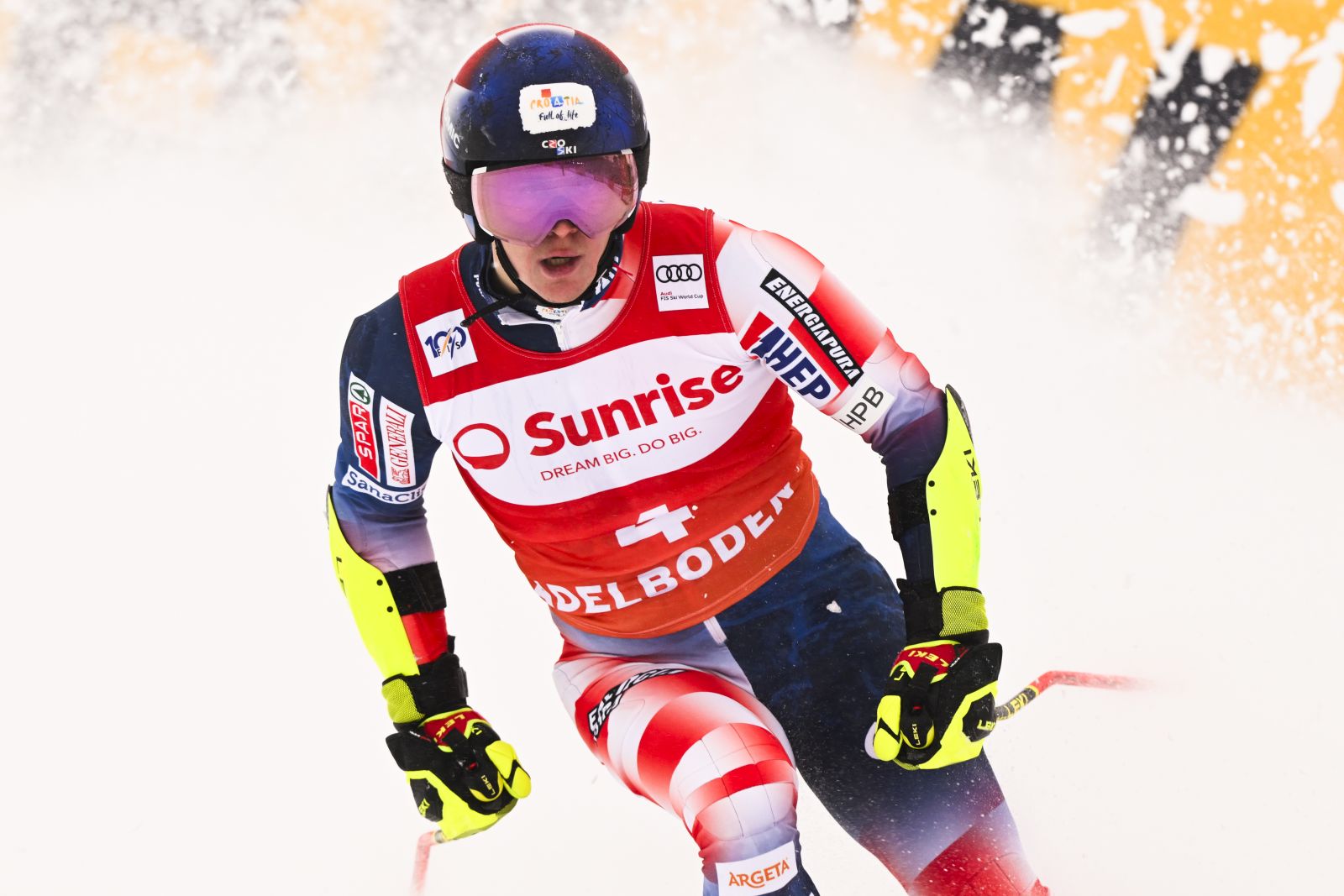 epa11060740 Filip Zubcic of Croatia reacts in the finish area during the second run of the Men's Giant Slalom race at the FIS Alpine Skiing World Cup in Adelboden, Switzerland, 06 January 2024.  EPA/ANTHONY ANEX