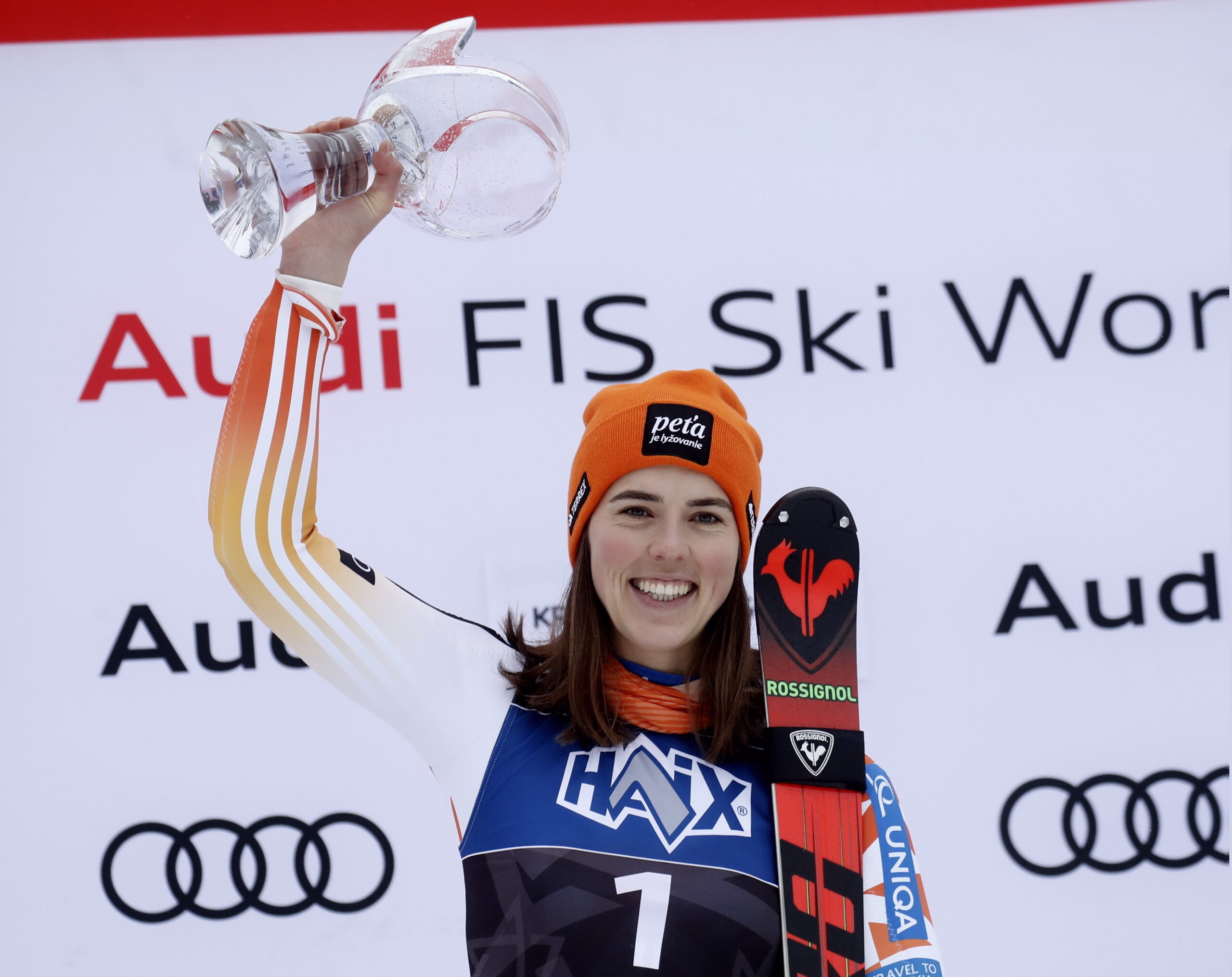 epa11062397 Winner Petra Vlhova of Slovakia celebrates on the podium for the Women's Slalom race at the FIS Alpine Skiing World Cup in Kranjska Gora, Slovenia, 07 January 2024.  EPA/ANTONIO BAT