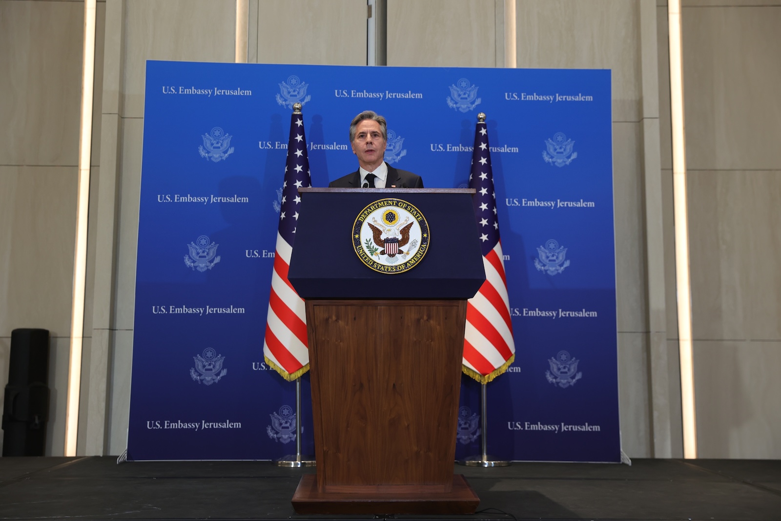epa11066366 US Secretary of State Antony Blinken  speaks during a press conference in Tel Aviv, Israel, 09 January 2024. Blinken's official visit to Israel, his fourth since the 07 October 2023 Hamas attack, is part of his trip to the region.  EPA/ABIR SULTAN