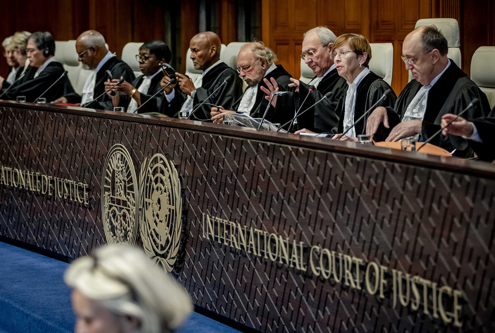 epa11068977 Joan Donoghue (2-R), President of the International Court of Justice and other judges at the International Court of Justice (ICJ), prior to the hearing of the genocide case against Israel brought by South Africa, in The Hauge, The Netherlands, 11 January 2024. According to the South Africans, Israel is currently committing genocidal acts against Palestinians in the Gaza Strip. Thousands of Israelis and Palestinians have been killed since the militant group Hamas launched an unprecedented attack on Israel from the Gaza Strip on 07 October, and the Israeli strikes on the Palestinian enclave which followed it.  EPA/REMKO DE WAAL