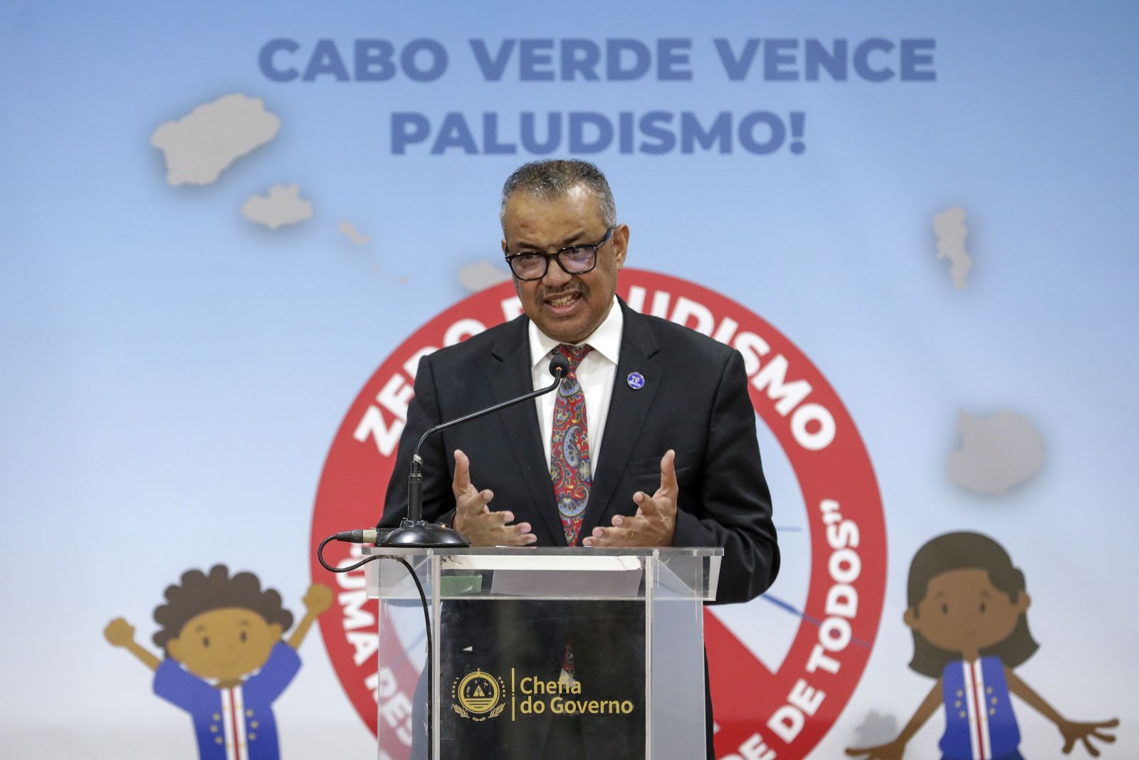 epa11071359 The Director-General of the World Health Organization (WHO) Tedros Adhanom Ghebreyesus speaks at the ceremony to certify Cape Verde by the World Health Organization (WHO) as a malaria-free country, at Praia, Santiago Island, Cape Verde, 12 January 2024. Cape Verde is the third country to be certified in the WHO's African region, joining Mauritius and Algeria, which were certified in 1973 and 2019, respectively.  EPA/ELTON MONTEIRO