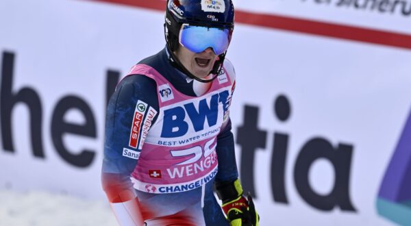 epa11075969 Filip Zubcic of Croatia reacts in the finish area during the second run of the men's slalom race at the Alpine Skiing FIS Ski World Cup in Wengen, Switzerland, 14 January 2024.  EPA/JEAN-CHRISTOPHE BOTT