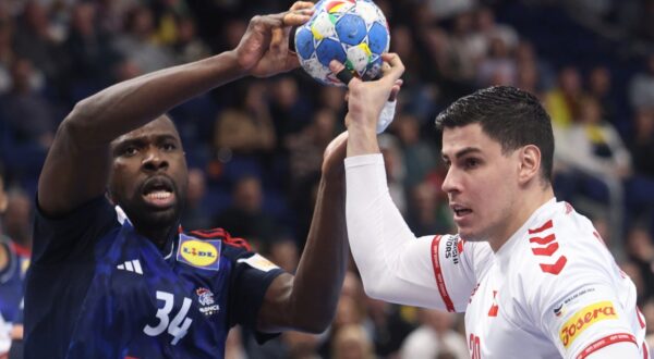 epa11076918 France’s Karl Konan (L) in action against Switzerland’s Luka Maros during the Men's EHF EURO 2024 Handball preliminary round – group A match between Switzerland and France in Berlin, Germany, 14 January 2024.  EPA/CLEMENS BILAN