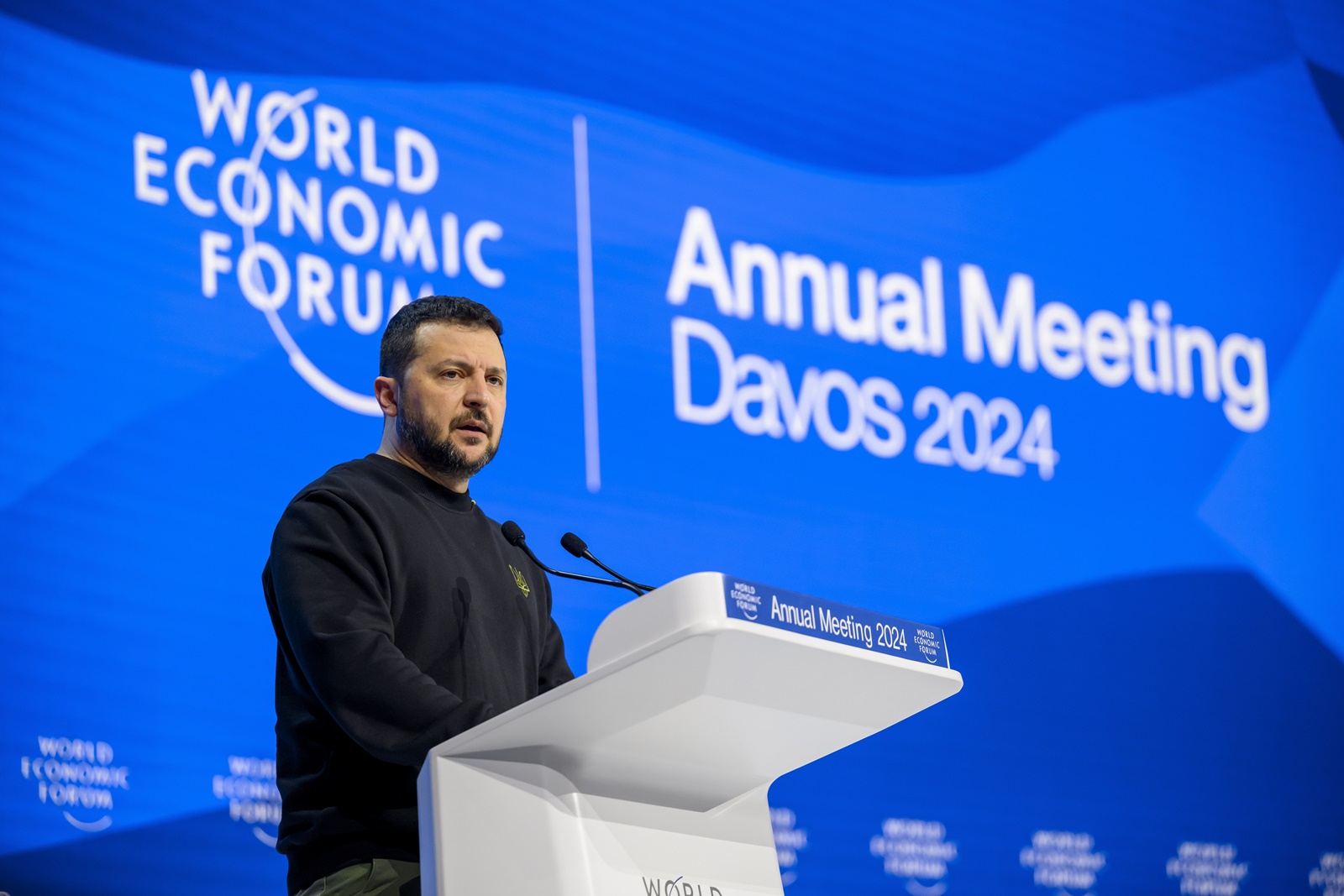 epa11082620 Ukrainian President Volodymyr Zelensky speaks during a plenary session in the Congress Hall at the 54th annual meeting of the World Economic Forum (WEF) in Davos, Switzerland, 16 January 2024. The meeting brings together entrepreneurs, scientists, corporate and political leaders in Davos under the topic 'Rebuilding Trust' from 15 to 19 January.  EPA/GIAN EHRENZELLER