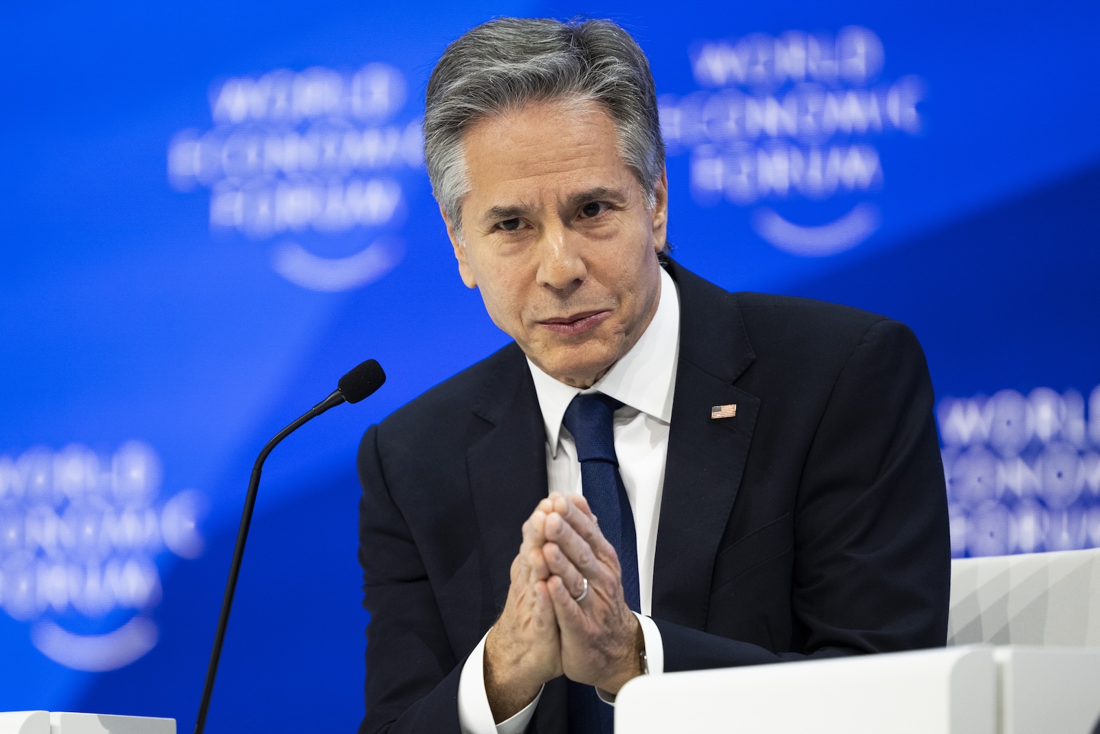 epa11084573 US Secretary of State Antony Blinken speaks during a plenary session in the Congress Hall during the 54th annual meeting of the World Economic Forum (WEF), in Davos, Switzerland, 17 January 2024. The meeting brings together entrepreneurs, scientists, corporate and political leaders in Davos under the topic 'Rebuilding Trust' from 15 to 19 January.  EPA/GIAN EHRENZELLER