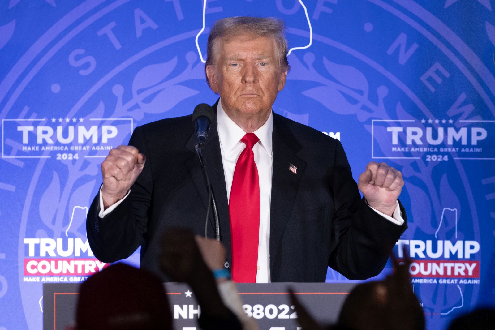 epaselect epa11086278 Former US President Donald J. Trump gestures while speaking during a campaign rally in Portsmouth, New Hampshire, USA, 17 January 2024. The New Hampshire Caucus is held 23 January 2024 and is the second contest in the nominating process of the Republican presidential nomination.  EPA/MICHAEL REYNOLDS