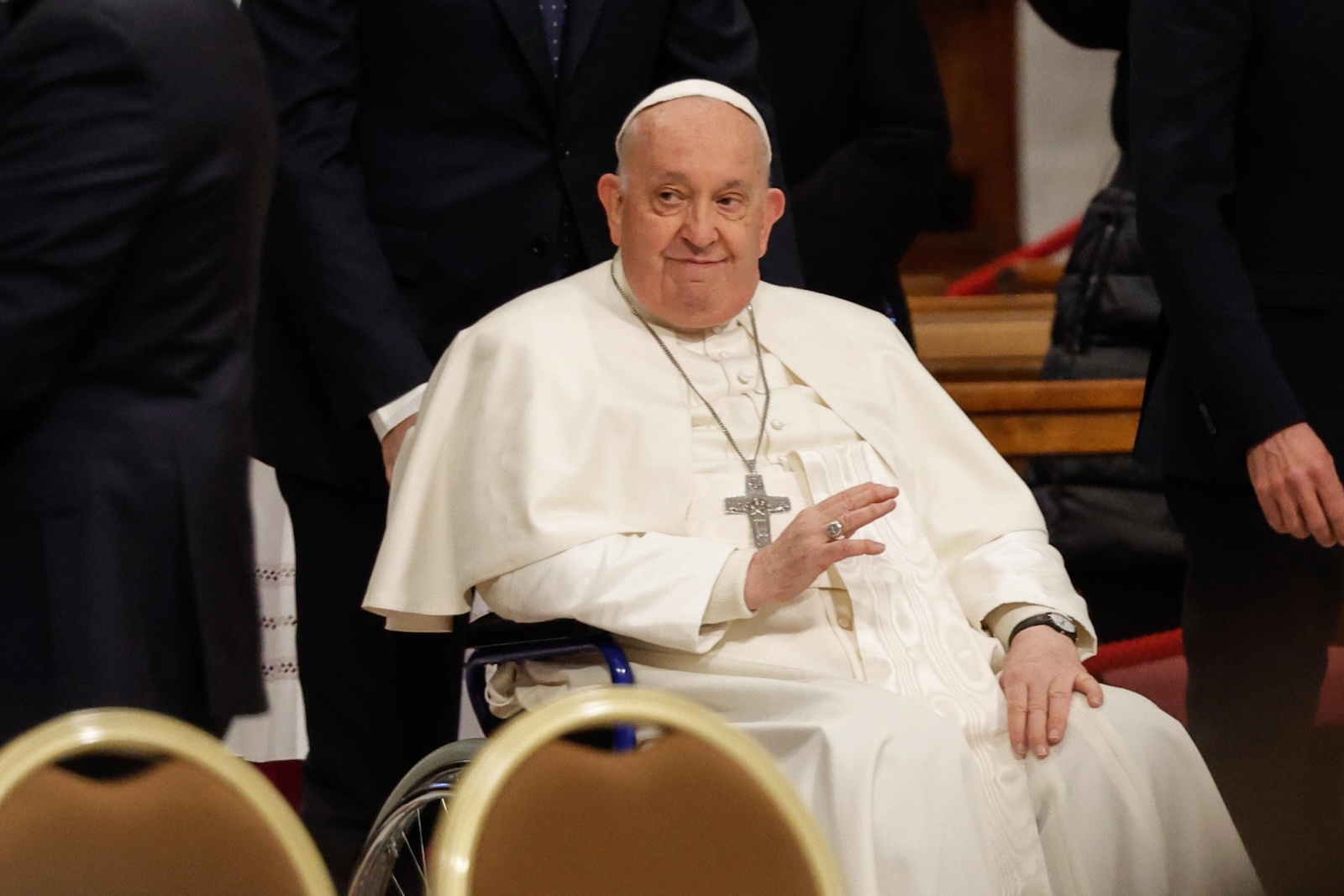 epa11093473 Pope Francis arrives to preside over a Holy Mass to mark the day of the Word of God in Saint Peter's Basilica at the Vatican City, 21 January 2024.  EPA/GIUSEPPE LAMI