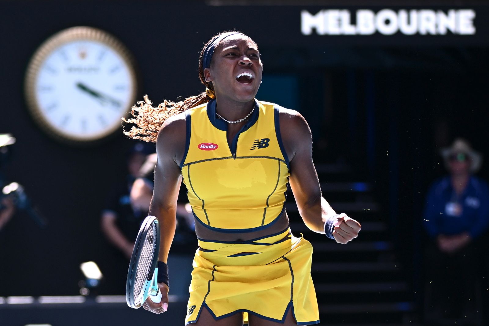 epa11097570 Coco Gauff of USA celebrates after winning her quarter final match against Marta Kostyuk of Ukraine on Day 10 of the 2024 Australian Open at Melbourne Park in Melbourne, Australia, 23 January 2024.  EPA/JOEL CARRETT  AUSTRALIA AND NEW ZEALAND OUT