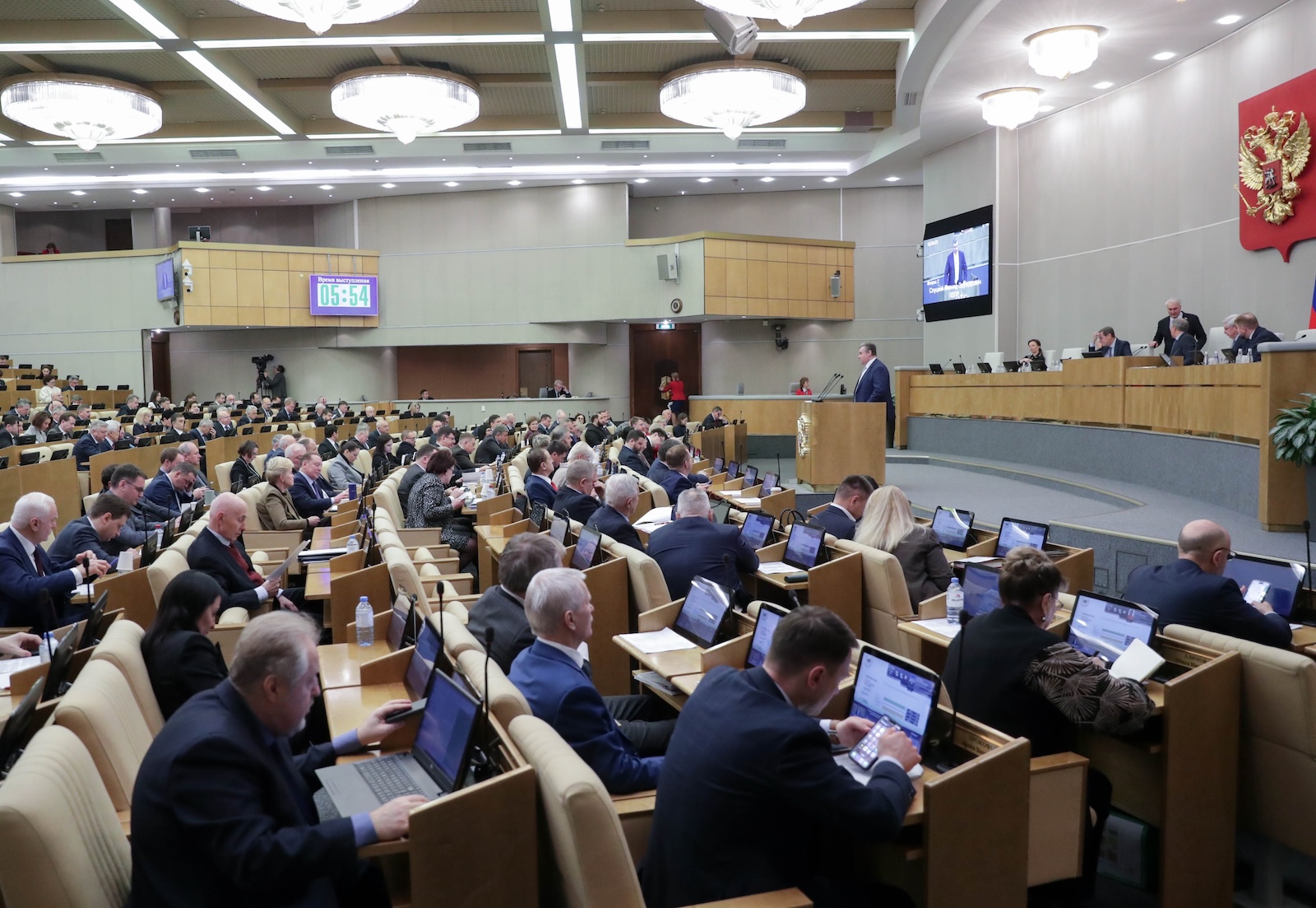 epa11100806 A handout photo made available by the press service of the Russian State Duma shows the plenary session of the State Duma (Russia's lower house of parliament) during discussion about draft amendments to the Criminal Code on confiscation of property for fakes about the Russian Armed Forces in Moscow, Russia, 24 January 2024. The State Duma adopted in the first reading the draft amendments to the Criminal Code on the confiscation of property for fakes about the Russian Armed Forces.  EPA/RUSSIAN STATE DUMA PRESS SERVICE HANDOUT   HANDOUT EDITORIAL USE ONLY/NO SALES HANDOUT EDITORIAL USE ONLY/NO SALES
