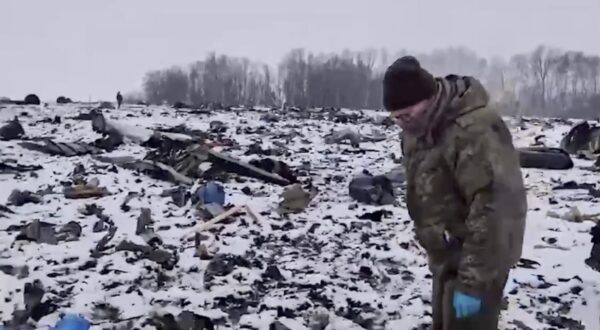 epa11106845 A still image taken from a handout video provided by the Russian Investigative Committee on 26 January 2024, shows what investigators say is the crash site of the Russian IL-76 military transport plane near the village of Yablonovo, Belgorod region, Russia. An Ilyushin Il-76 airlifter crashed on 24 January 2024 near the border with Ukraine. The Russian government is accusing Ukraine of shooting down the Il-76 aircraft and is claiming the plane was carrying 65 Ukrainian prisoners of war.  EPA/RUSSIAN INVESTIGATIVE COMMITEE HANDOUT   HANDOUT EDITORIAL USE ONLY/NO SALES HANDOUT EDITORIAL USE ONLY/NO SALES