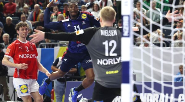 epa11111280 France’s Dylan Nahi (C) in action against Denmark's goalkeeper Emil Nielsen (R) during the EHF Men's EURO 2024 final handball match between France and Denmark in Cologne, Germany, 28 January 2024.  EPA/CHRISTOPHER NEUNDORF