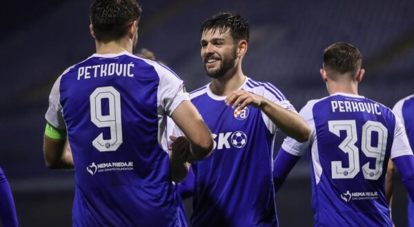 14.12.2023., stadion Maksimir, Zagreb - UEFA Konferencijska liga, skupina C, 6. kolo, GNK Dinamo - Ballkani. Nogometasi Dinama slave pogodak Brune Petkovica za vodstvo 2:0. Bruno Petkovic, Marko Bulat Photo: Luka Stanzl/PIXSELL
