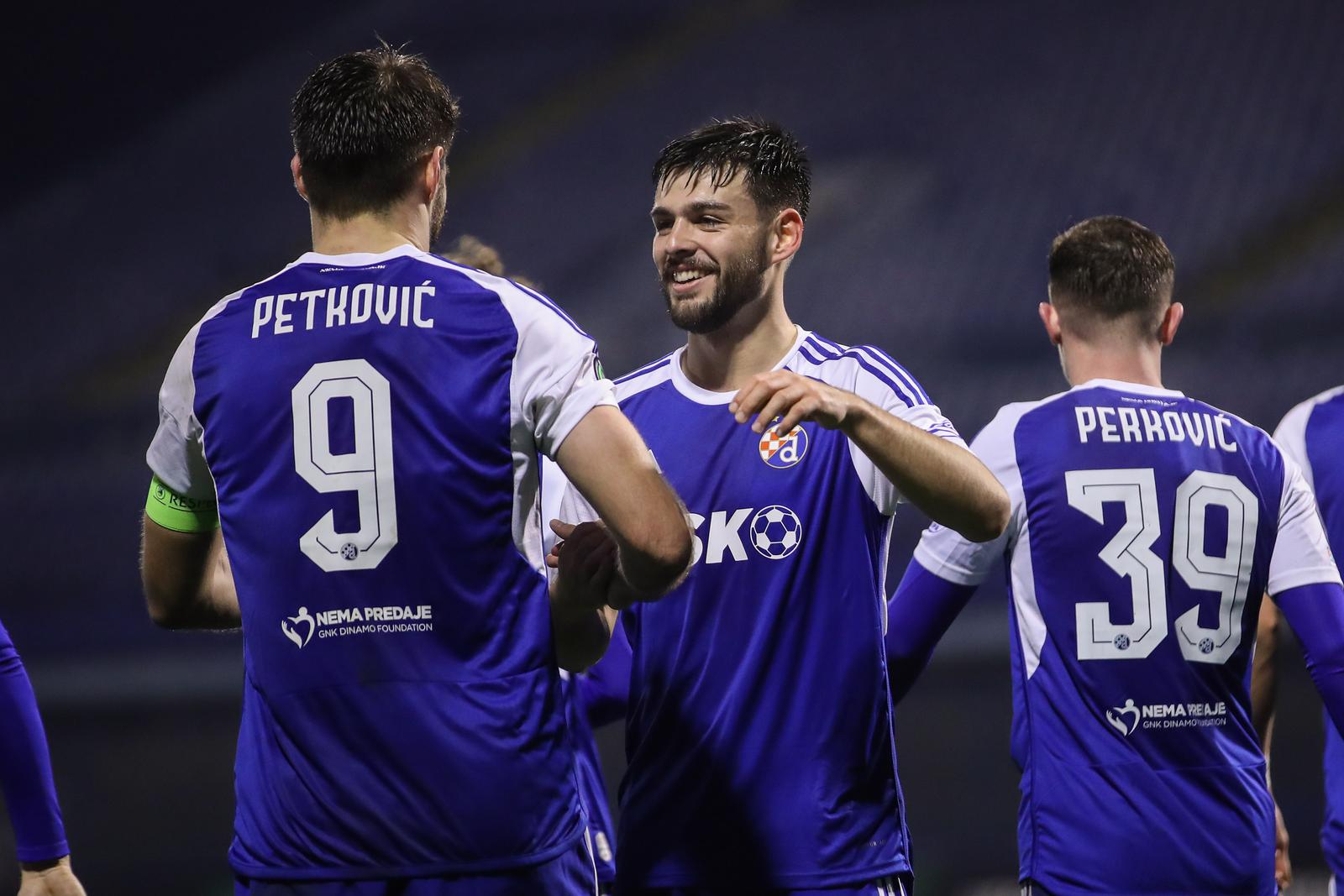 14.12.2023., stadion Maksimir, Zagreb - UEFA Konferencijska liga, skupina C, 6. kolo, GNK Dinamo - Ballkani. Nogometasi Dinama slave pogodak Brune Petkovica za vodstvo 2:0. Bruno Petkovic, Marko Bulat Photo: Luka Stanzl/PIXSELL