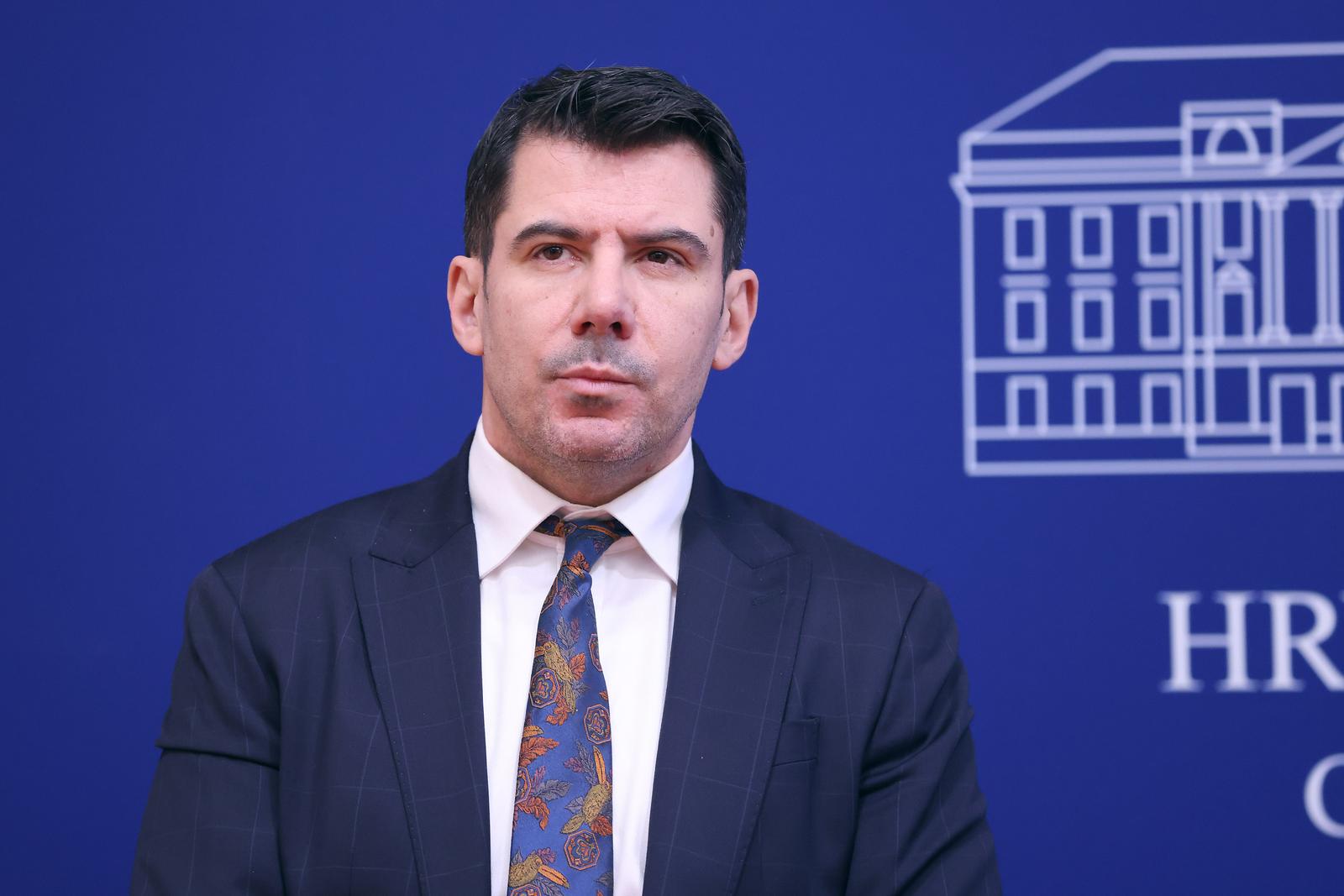 16.01.2024., Zagreb - Na konferenciji za medije Mosta odrzanoj u Saboru o temi "Most podize kaznenu prijavu protiv Sandre Svaljek, zamjenice guvernera HNB-a” govorili su Zvonimir Troskot i Nikola Grmoja.
 Photo: Patrik Macek/PIXSELL