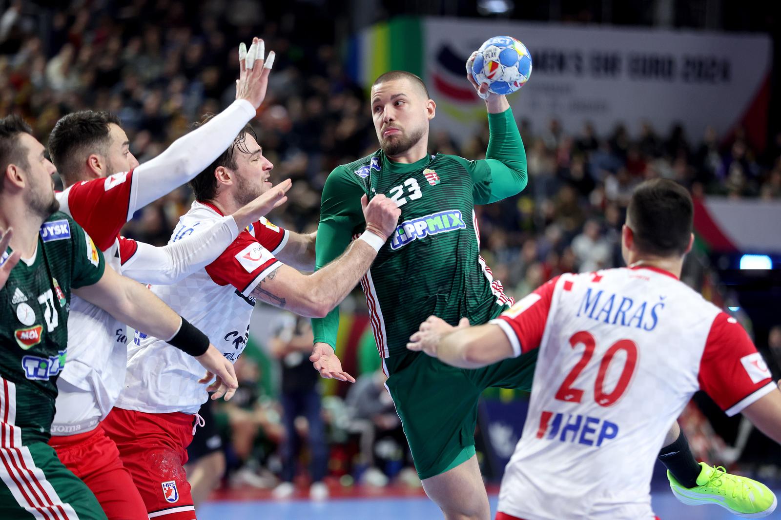 20.01.2024., Lanxess Arena, Koeln, Njemacka - EHF Europsko prvenstvo u rukometu 2024. u Njemackoj. Drugi krug, skupina 1, Madjarska - Hrvatska. Dominik Mathe. Photo: Sanjin Strukic/PIXSELL
