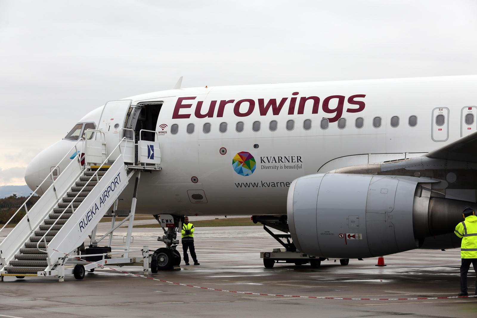 22.11.2018., Krk - Zrakoplov Airbus A320 njemacke kompanije Eurowings sletio je iz Dusseldorfa u zracnu luku Rijeka na Krku. Zrakoplov na trupu ima promotivne oznake turisticke regije Kvarnera sto predstavlja promociju Kvarnera kao turisticke regije. Projekt je nastao u suradnji Zracne luke Rijeka  i TZ Kvarnera.rPhoto: Goran Kovacic/PIXSELL