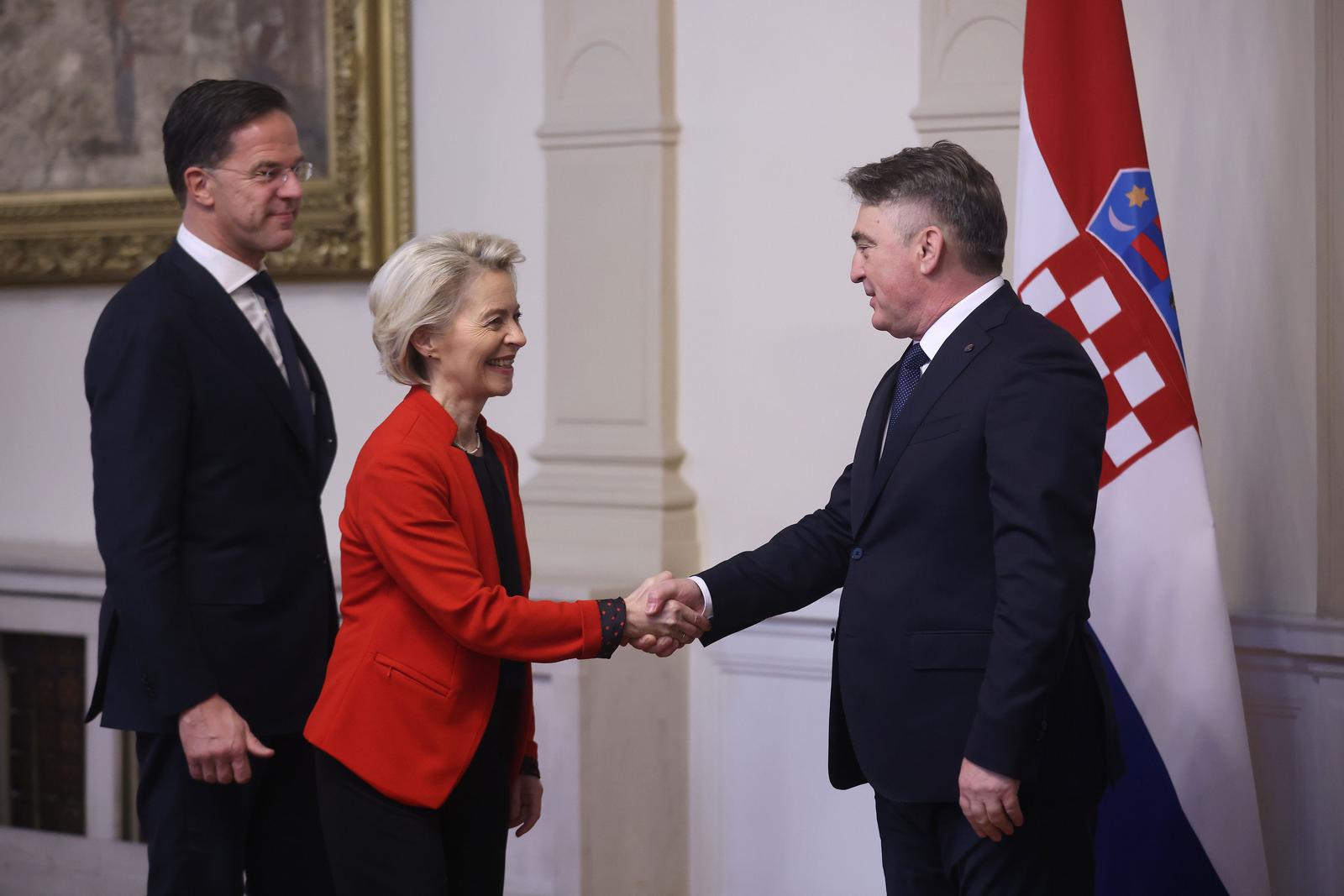 23.01.2024., Sarajevo, Bosna i Hercegovina - Clanovi Predsjednistva BiH Zeljko Komsic, Zeljka Cvijanovic i Denis Becirovic primili su predsjednicu Europske komisije Ursulu von der Leyen i premijera Kraljevine Nizozemske Marka Ruttea.

 Photo: Armin Durgut/PIXSELL