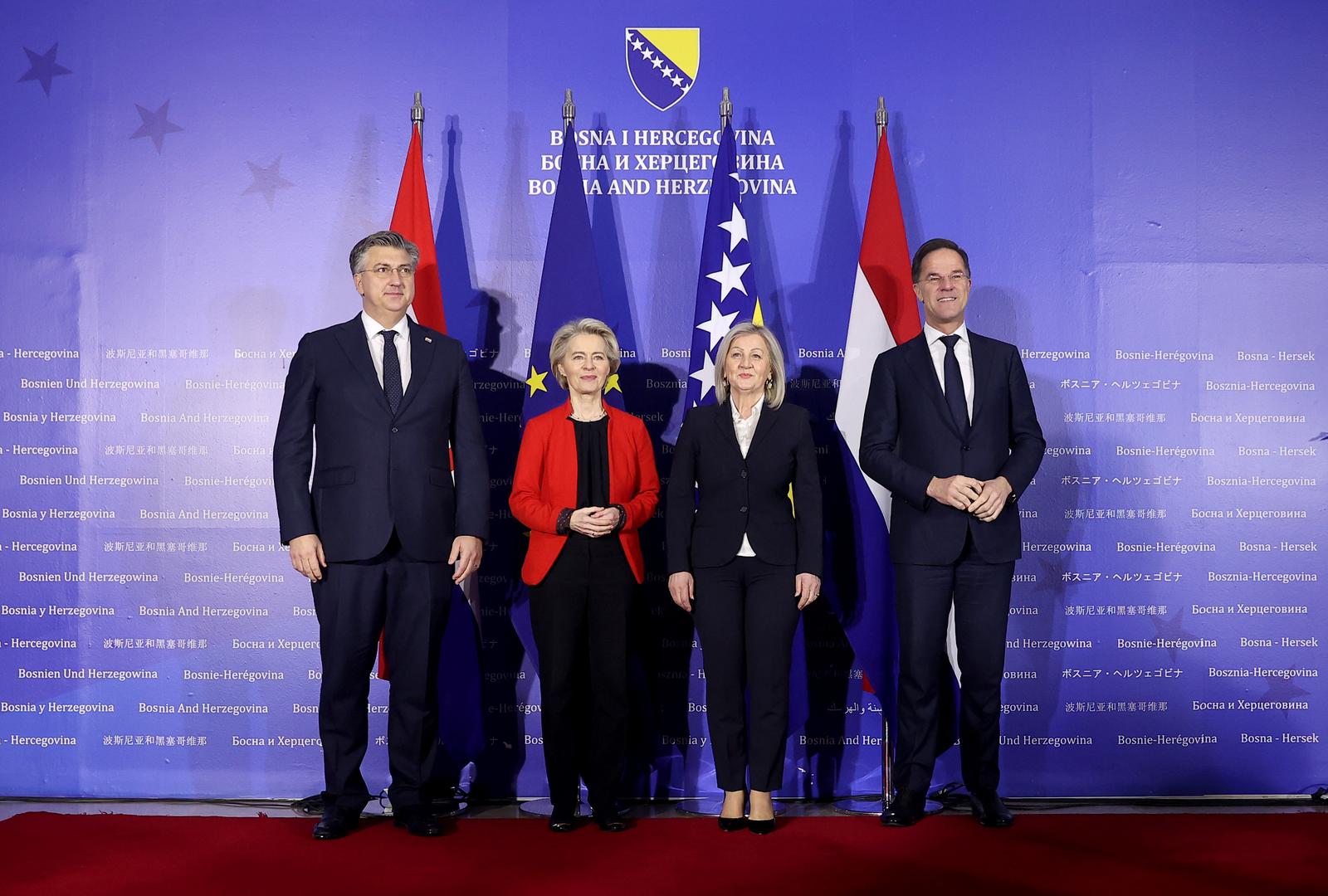 23.01.2024., Sarajevo, Bosna i Hercegovina - Predsjedavajuca Vijeca ministara BiH Borjana kristo primila je u posjetu predsjednicu Europske komisije Ursulu von der Leyen, premijera Kraljevine Nizozemske Marka Ruttea i predsjednika Vlade Republike Hrvatske Andreja Plenkovica. Photo: Armin Durgut/PIXSELL