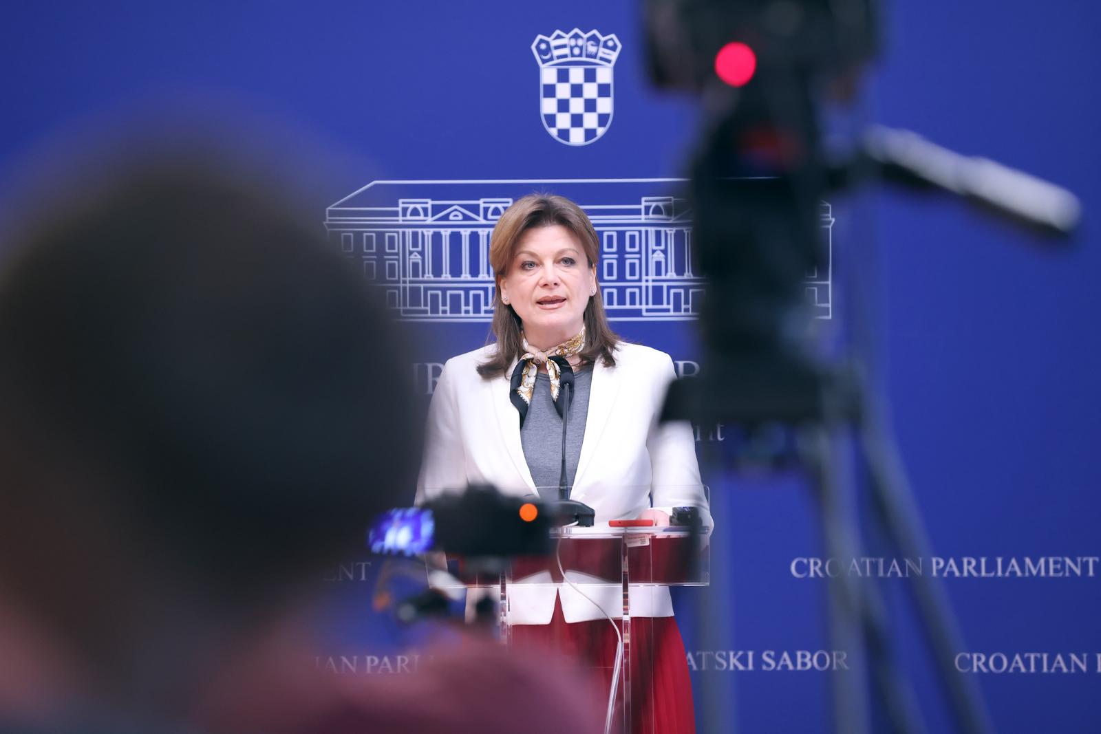 23.01.2024., Zagreb - Na konferenciji za medije odrzanoj u Saboru o temi "Slucajevi korupcije i bezakonja u zdravstvu te zahtjevi premijeru Plenkovicu“ govorila je Karolina Vidovic Kristo.
 Photo: Patrik Macek/PIXSELL