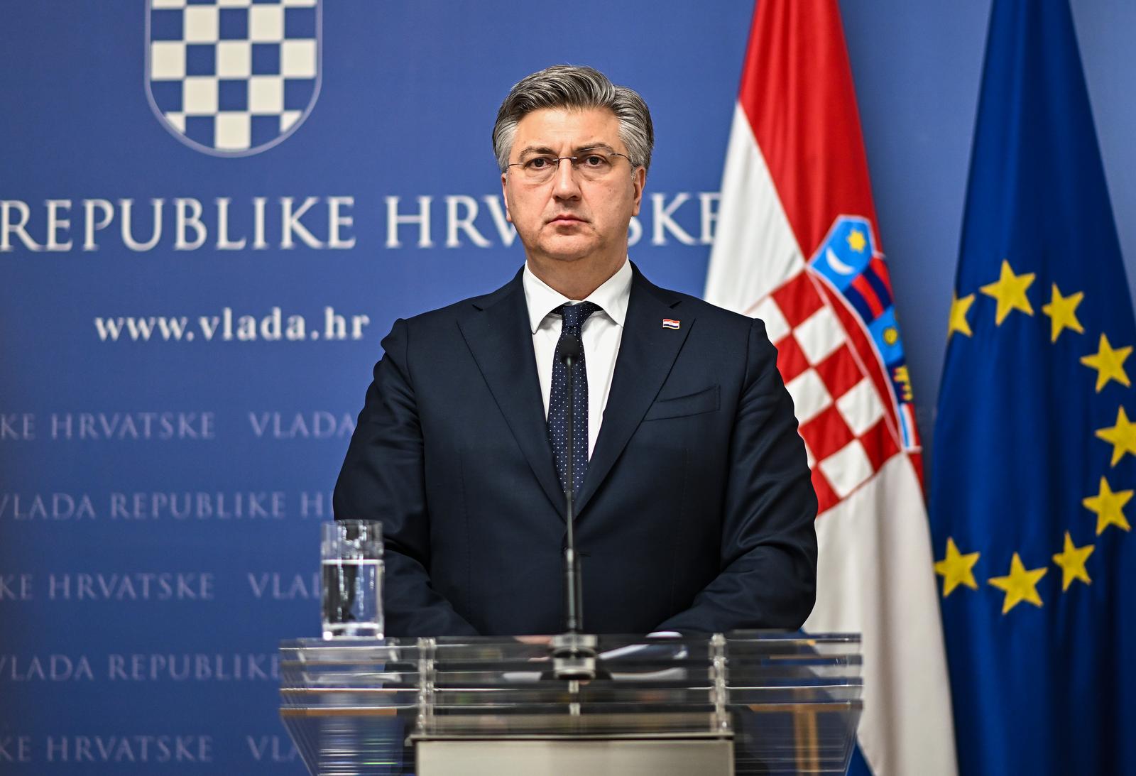23.1.2024., Zagreb - Predsjednik Vlade RH Andrej Plenkovic na koferenciji za medije nakon sastanka s predsjednikom Vlade Kraljevine Nizozemske Markom Rutteom u Banskim dvorima. Photo: Neva Zganec/PIXSELL