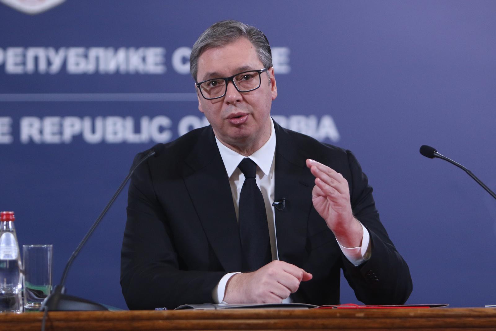 24, December, 2023, Belgrade -  The President of the Republic of Serbia, Aleksandar Vucic, addressed the public in the building of the General Secretariat of the President of the Republic. Aleksandar Vucic.    

24, decembar, 2023, Beograd - Predsednik Republike Srbije Aleksandar Vucic obratio se javnosti u zgradi Generalnog sekretarijata predsednika Republike.     Photo: M.K./ATAImages/PIXSELL