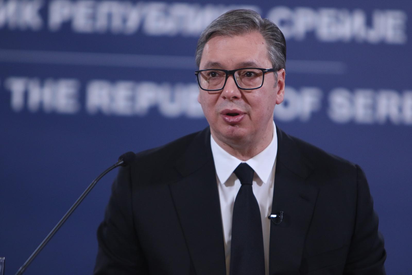 24, December, 2023, Belgrade -  The President of the Republic of Serbia, Aleksandar Vucic, addressed the public in the building of the General Secretariat of the President of the Republic. Aleksandar Vucic.    

24, decembar, 2023, Beograd - Predsednik Republike Srbije Aleksandar Vucic obratio se javnosti u zgradi Generalnog sekretarijata predsednika Republike.     Photo: M.K./ATAImages/PIXSELL