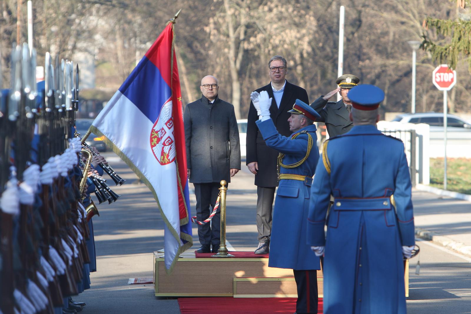 30, January, 2024, Beograd - The President of the Republic of Serbia, Aleksandar Vucic, attended a meeting at the Guard House in Topcider where the results of the analysis of the operational and functional capabilities of the Serbian Armed Forces for the year 2023 were presented. Milos Vucevic, Aleksandar Vucic. Photo: M.K./ATAImages

30, januar, 2024, Beograd -Predsednik Republike Srbije Aleksandar Vucic je u Domu garde na Topcideru prisustvovao sastanku na kome su predstavljeni rezultati analize stanja operativnih i funkcionalnih sposobnosti Vojske Srbije za 2023. godinu. Photo: M.K./ATAImages  Photo: M.K./ATAImages/PIXSELL