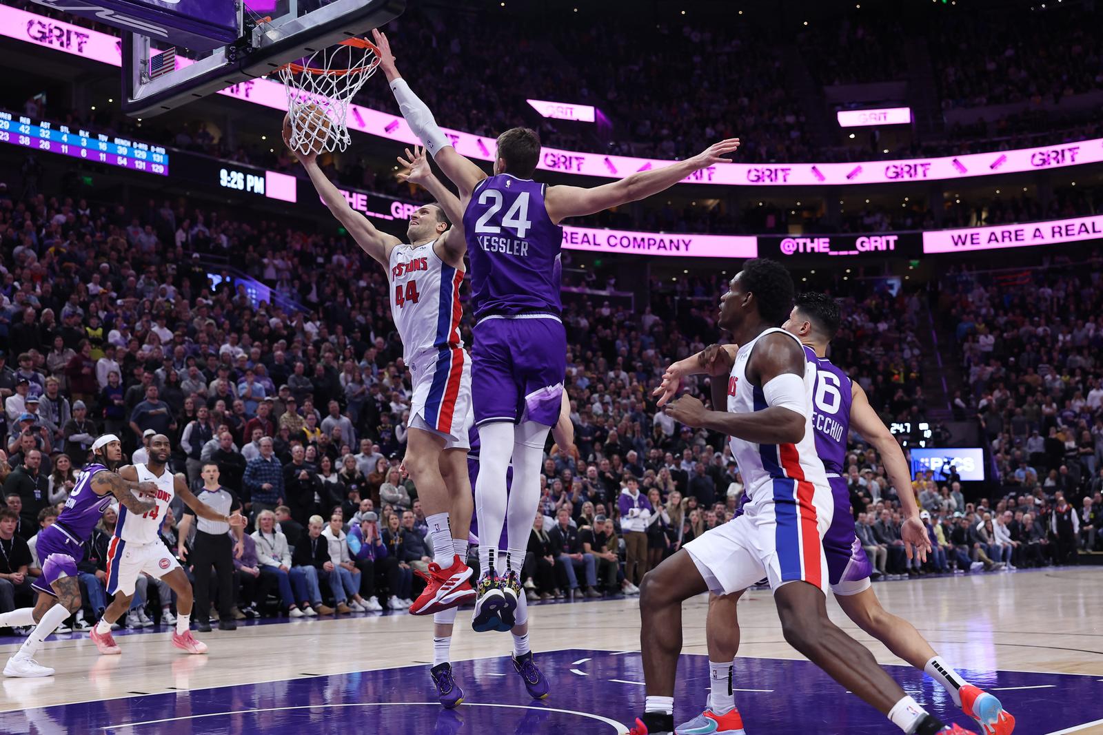 Jan 3, 2024; Salt Lake City, Utah, USA; Detroit Pistons forward Bojan Bogdanovic (44) goes to the basket against Utah Jazz center Walker Kessler (24) during the fourth quarter at Delta Center. Mandatory Credit: Rob Gray-USA TODAY Sports Photo: Rob Gray/REUTERS