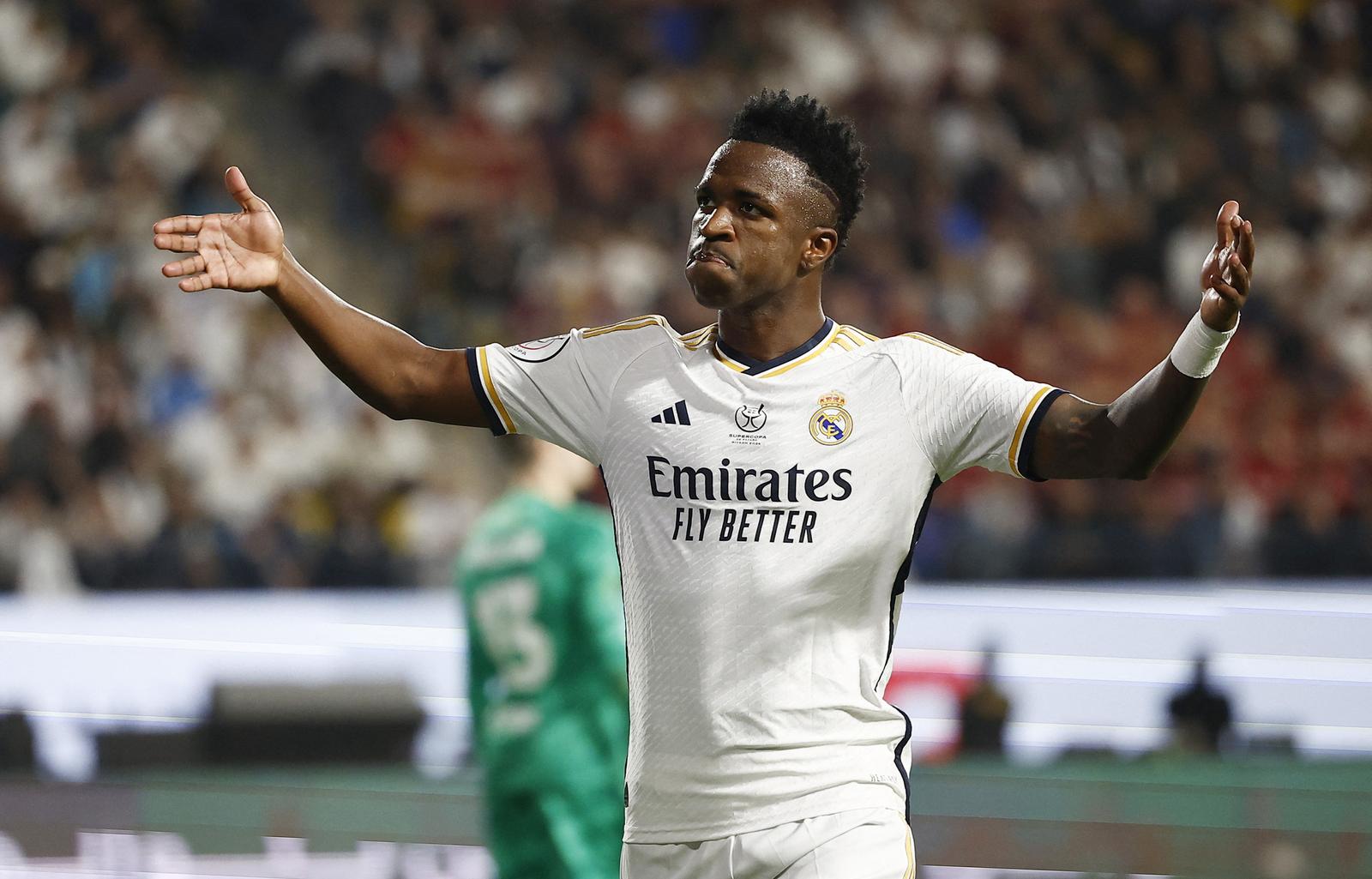 Soccer Football - Spanish Super Cup - Final - Real Madrid v FC Barcelona - Al-Awwal Stadium, Riyadh, Saudi Arabia - January 14, 2024  Real Madrid's Vinicius Junior reacts REUTERS/Juan Medina Photo: JUAN MEDINA/REUTERS