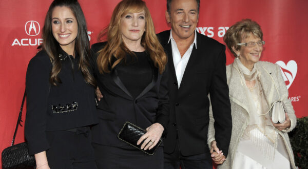 FILE - In this Feb. 8, 2013 file photo, from left, Jessica Rae Springsteen, Patti Scialfa, honoree Bruce Springsteen, and Adele Springsteen arrive at the MusiCares Person of the Year tribute honoring Bruce Springsteen in Los Angeles. Springsteen and his mom, Adele, danced to two songs Sunday, April 15, 2018, at the Wonder Bar in Asbury Park, N.J., before severe storms caused the club to lose power. They were there to see the Eddie Testa Band, reportedly one of Adele's favorite bands. Adele Springsteen turns 93 on May 4. (Photo by Chris Pizzello/Invision/AP, File)