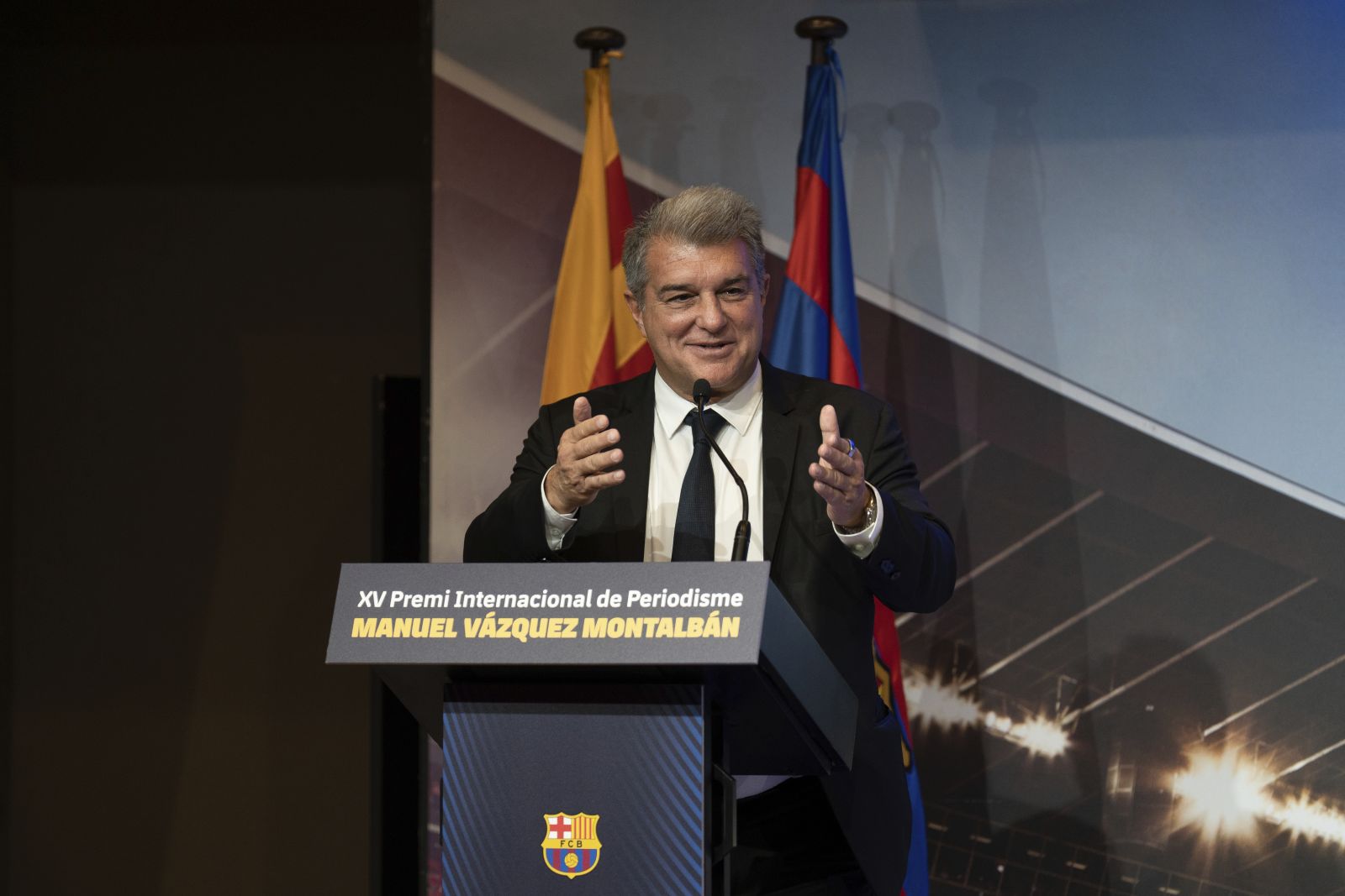 The president of the azulgrana club, Joan Laporta, speaks during the ceremony in which the British ex-footballer Gary Lineker receives the Vázquez Montalbán Award in sports journalism, at the Camp Nou, on October 24, 2022, in Barcelona, Catalonia (Spain). Gary Lineker played for FC Barcelona between 1986 and 1989 and is now an ambassador for LaLiga and comments on the Spanish championship for viewers in the UK and Ireland on LaLiga TV. The award is presented by FC Barcelona together with the College of Journalists of Catalonia, which has valued Gary Linker's communication skills, as well as his ironic and critical view of soccer. The award has been given since 2004 in memory of and as a tribute to the journalist and writer Manuel Vázquez Montalbán, which distinguishes journalistic careers in two categories: cultural and political journalism and sports journalism. OCTOBER 24;2022;BARCELONA;CATALONIA;VÁZQUEZ MONTALBÁN AWARD David Zorrakino / Europa Press 10/24/2022 (Europa Press via AP)