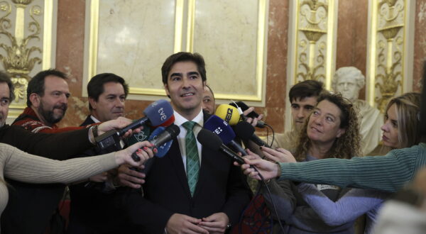 The president of Real Betis Balompié, Ángel Haro, gives statements to the media during his visit to the Congress of Deputies, on November 29, 2022, in Madrid (Spain). During the event, the 'Foro Bético de las Cortes', founded by numerous deputies, senators, advisors, parliamentary workers and journalists who cover parliamentary news, was presented. This Forum was created to seek dialogue and consensus beyond the different political sensitivities, with sport and love for Real Betis Balompié as links. NOVEMBER 29;2022;CONGRESS;SOCCER;FORUM;BETIS;SEVILLA;REAL BETIS BALOMPIÉ Marta Fernández Jara / Europa Press 11/29/2022 (Europa Press via AP)